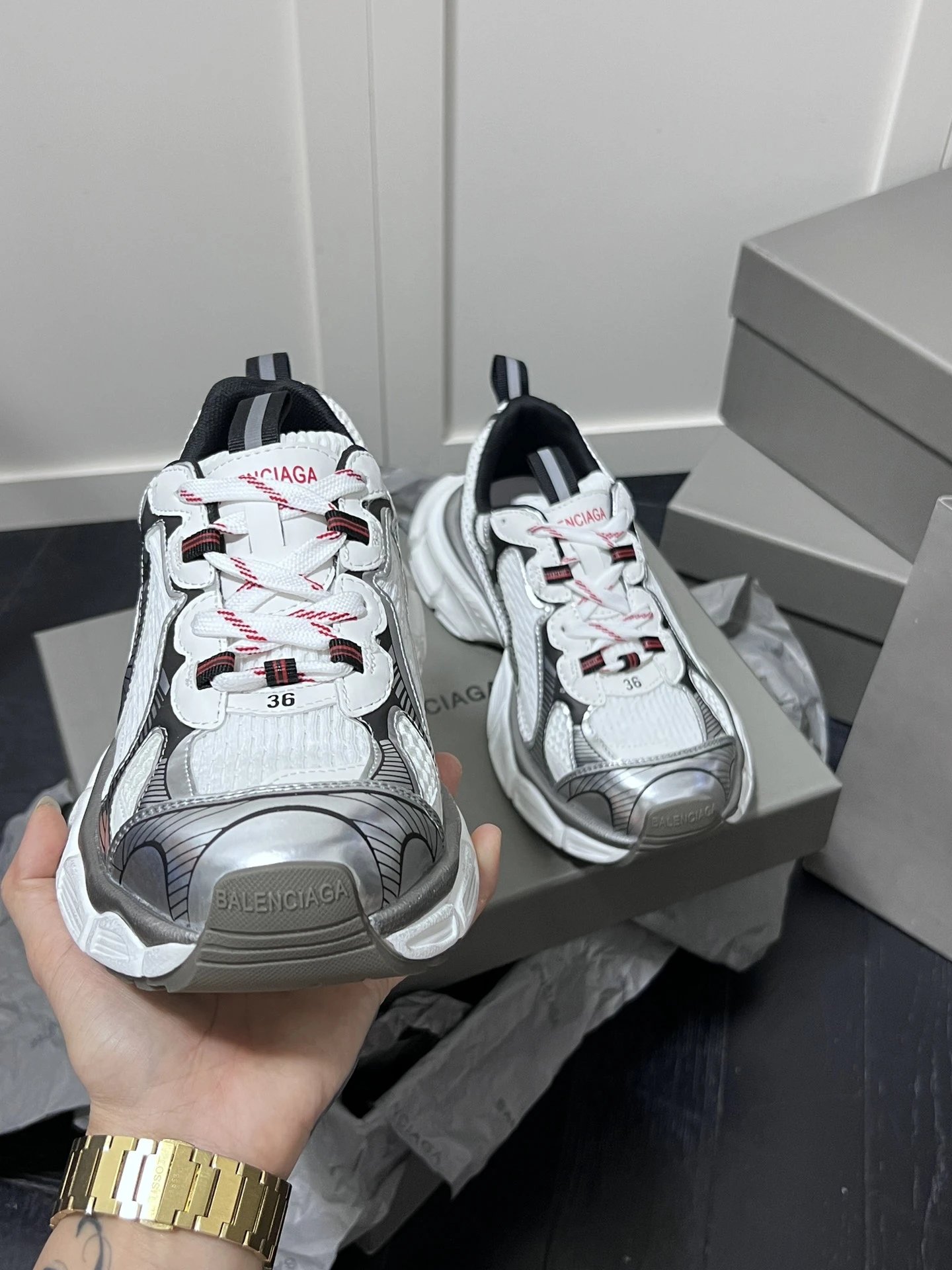 Retro Dad Sneakers Mesh Leather Chunky Sole Silver White - Gallery Image 3 - Detailed View