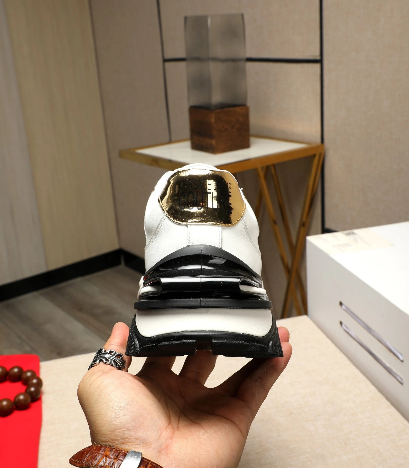 Luxury Baroque Leather Chunky Sneakers White Gold - Gallery Image 9 - Detailed View