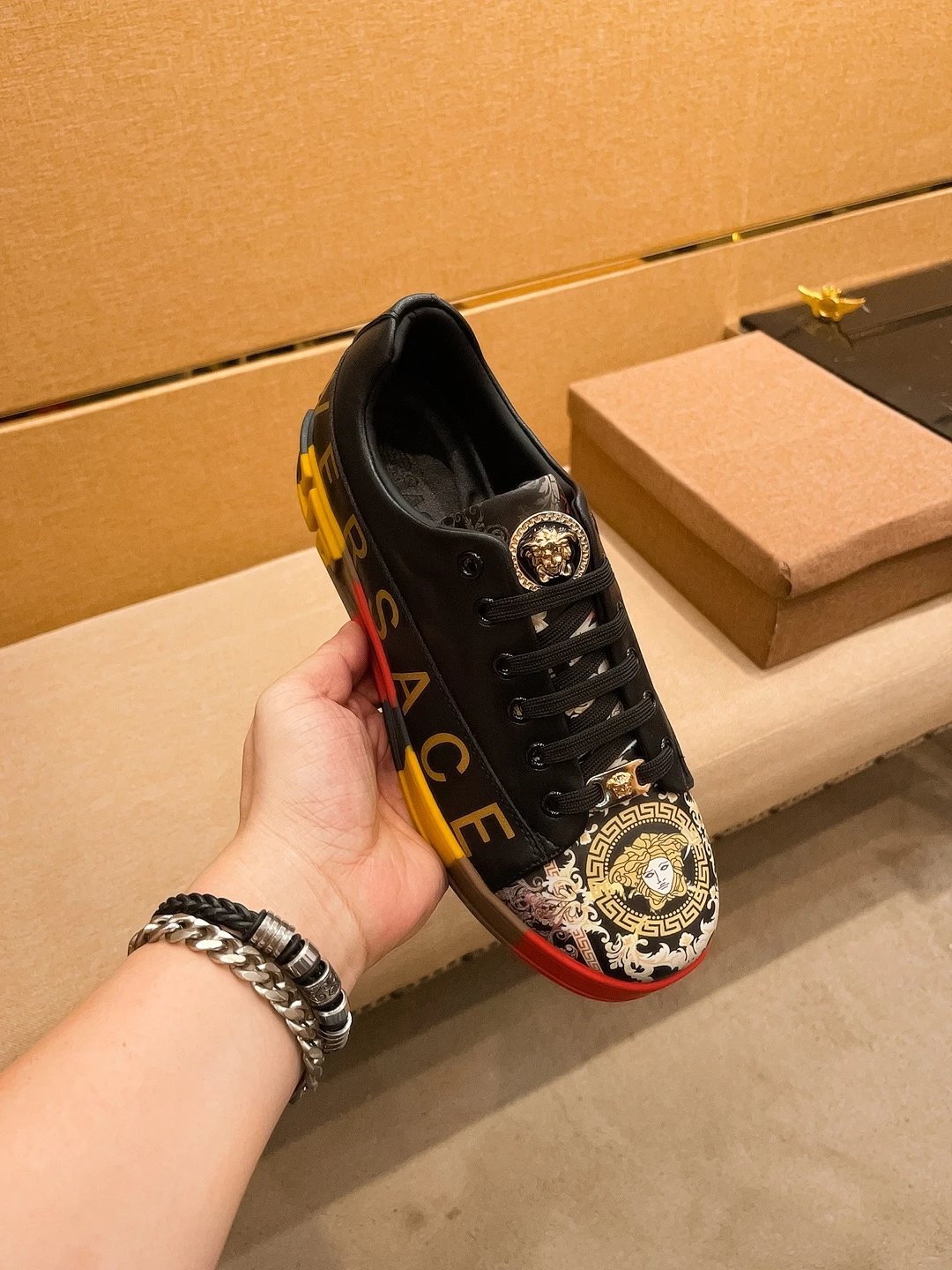 Luxury Leather Sneakers Retro Baroque Black Gold - Gallery Image 7 - Detailed View