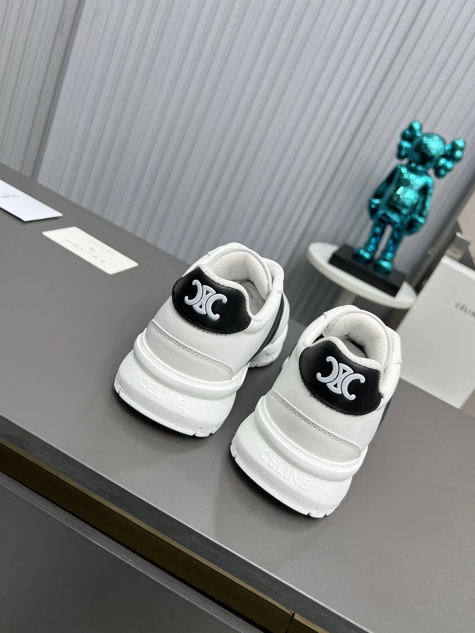 Chunky Dad Sneakers Leather Knit Comfort White Black - Gallery Image 4 - Detailed View