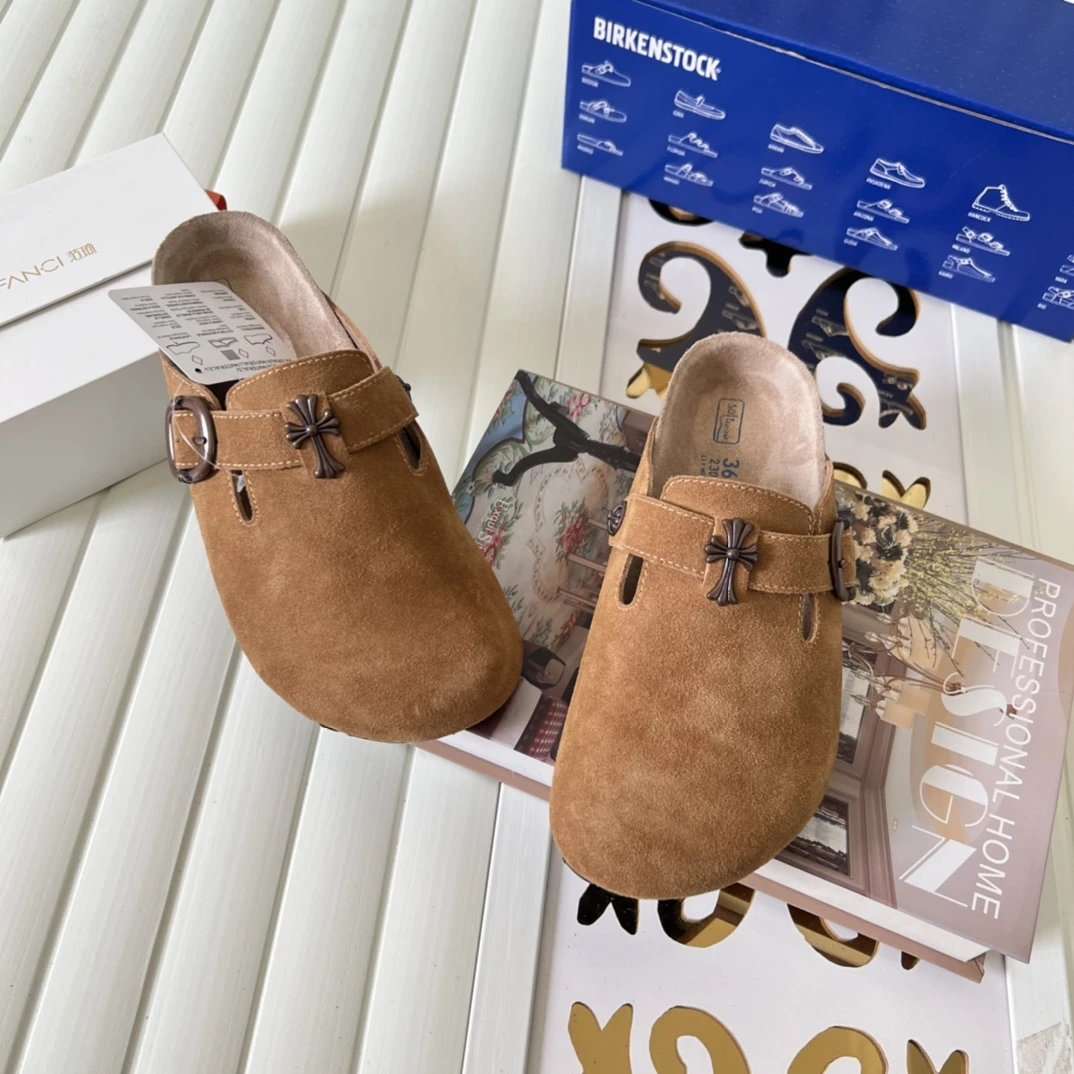 Suede Cross Buckle Closed Toe Clogs Camel Brown - Gallery Image 3 - Detailed View