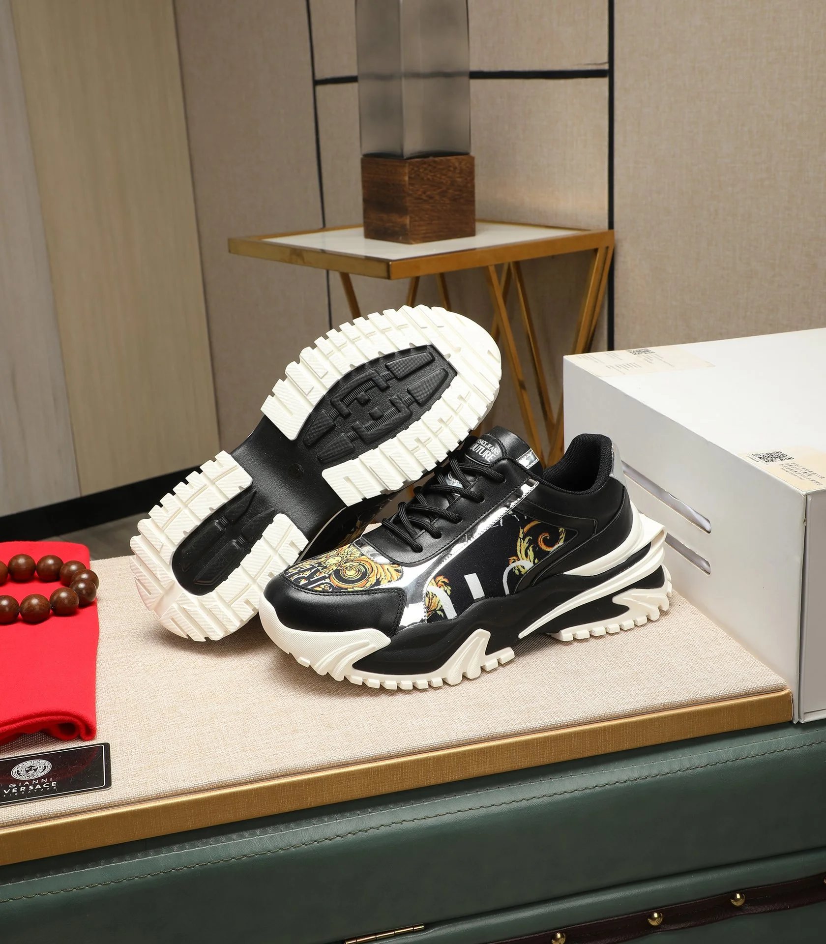 Baroque Calfskin Chunky Sneakers Black Gold - Gallery Image 5 - Detailed View