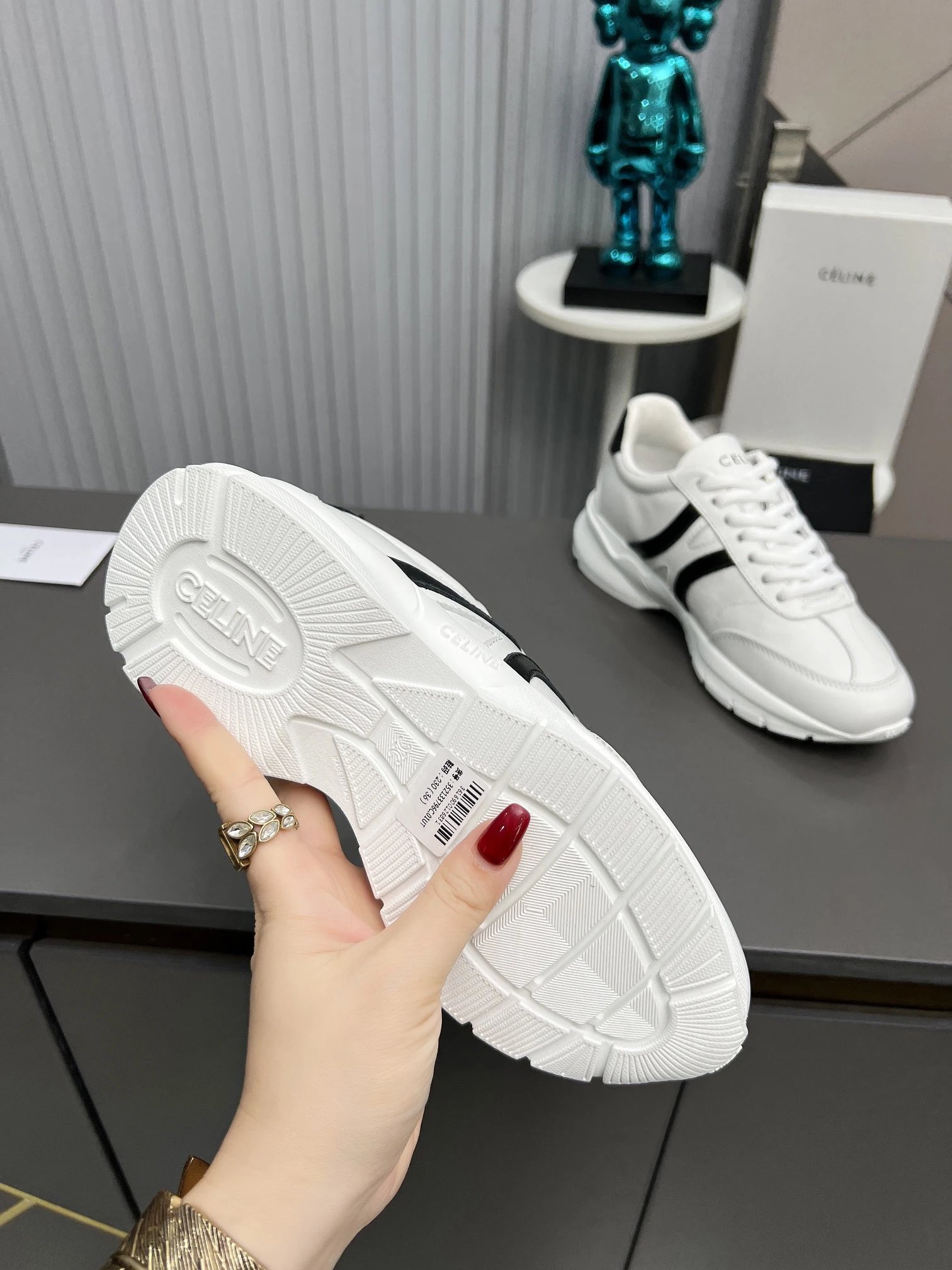 Chunky Dad Sneakers Leather Knit Comfort White Black - Gallery Image 9 - Detailed View