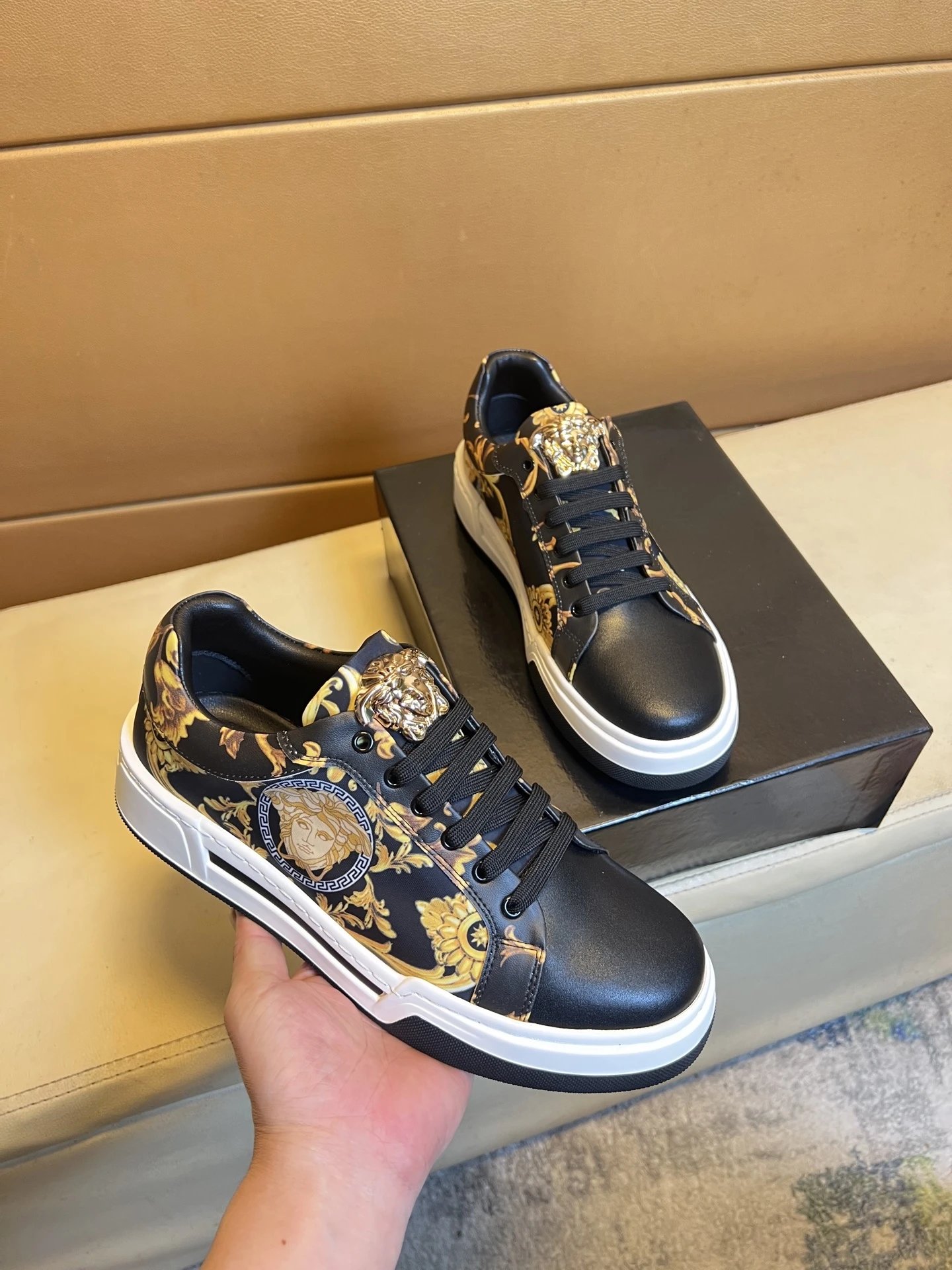 Baroque Leather Low Top Sneakers with Gold Black - Gallery Image 2 - Detailed View