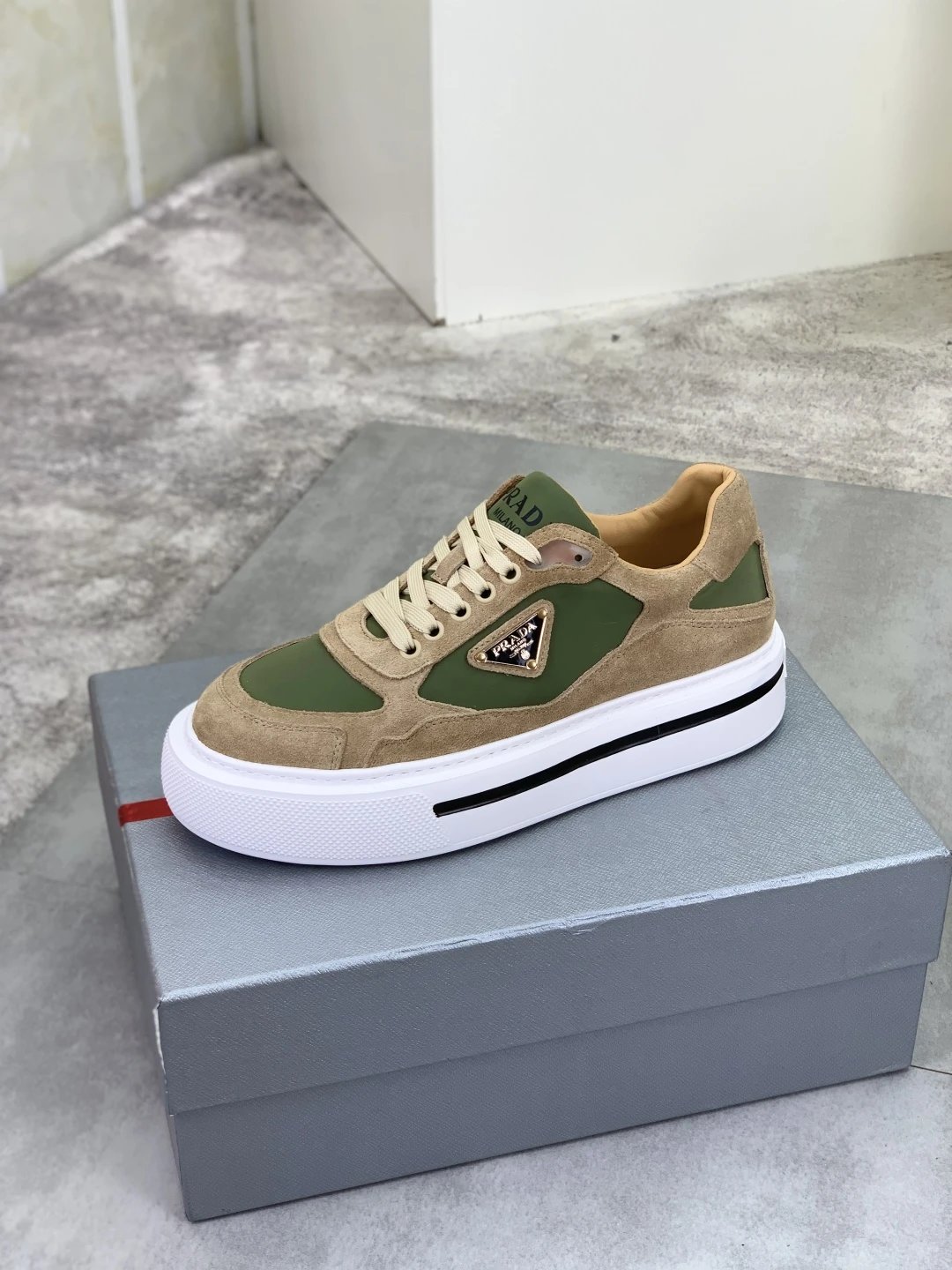 Prada Downtown suede and Re-Nylon Sneakers Brown Green