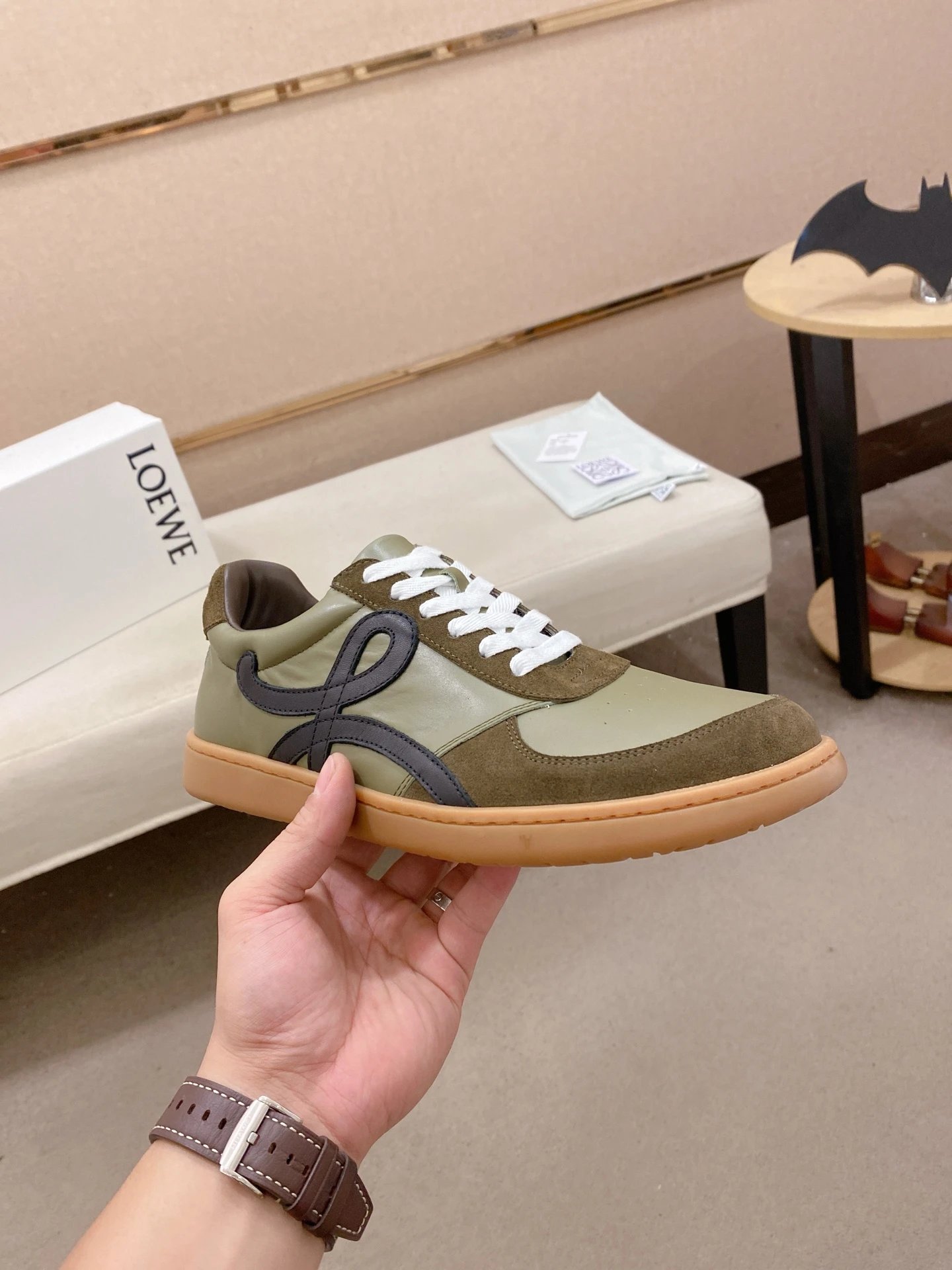 Loewe Green Leather Sneakers Black Accent - Gallery Image 4 - Detailed View
