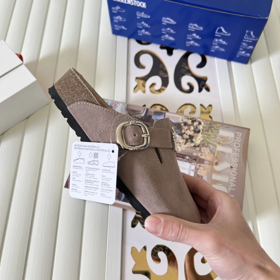 Suede Cross Buckle Closed Toe Clogs Nude Taupe - Gallery Image 9 - Detailed View