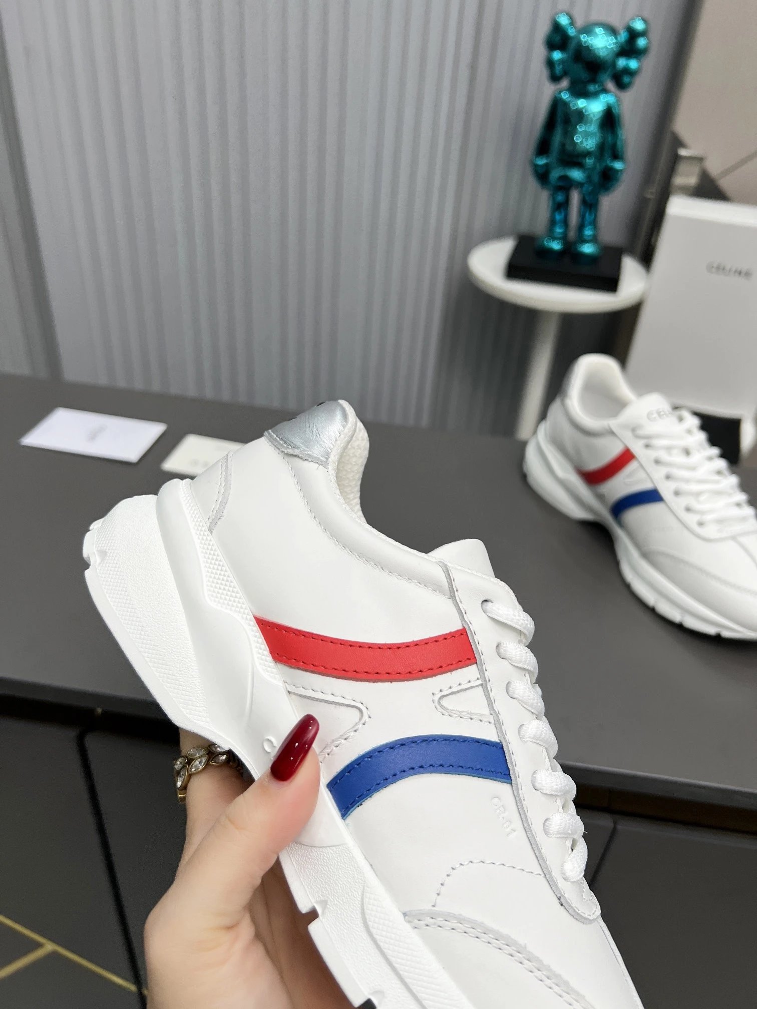 Retro Chunky Dad Sneakers Leather Unisex Scarlet Blue - Gallery Image 8 - Detailed View