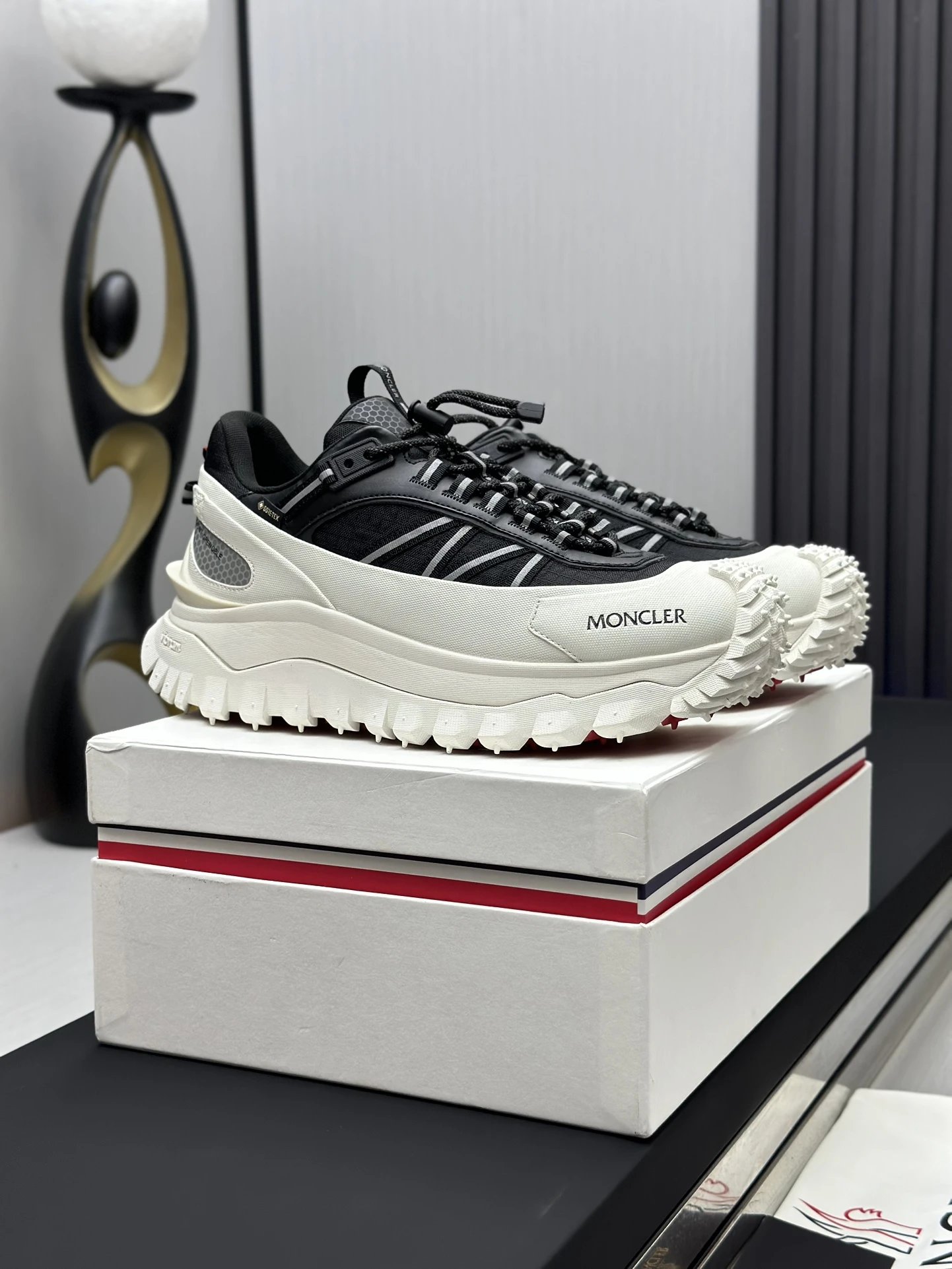 Moncler Trailgrip GTX Black Sneakers White Stripes - Gallery Image 3 - Detailed View