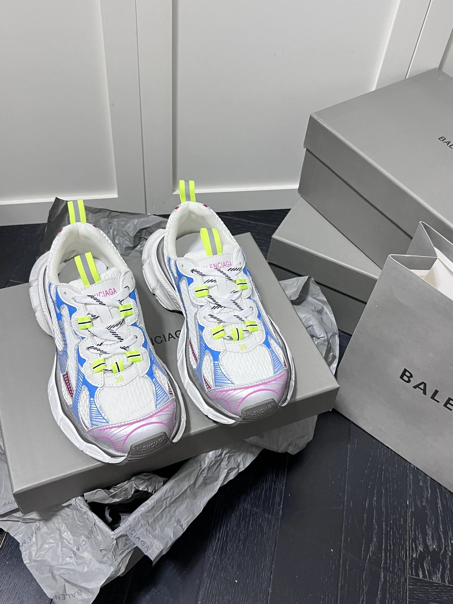 Retro Chunky Dad Sneakers Mesh Leather Neon White - Gallery Image 2 - Detailed View