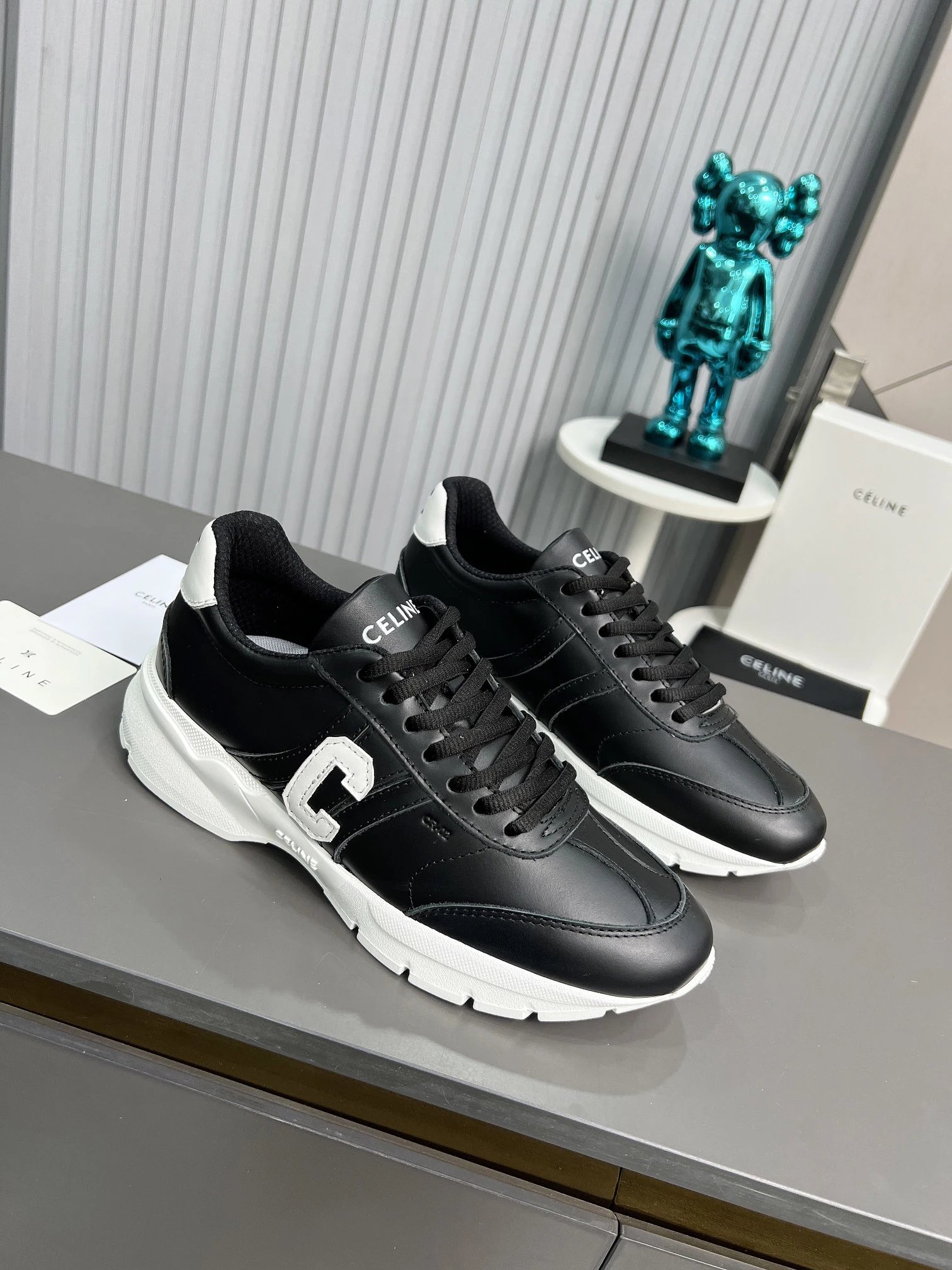 Chunky Dad Sneakers Leather Knit Unisex Spring Black White - Celine - Cnfans - $67.74