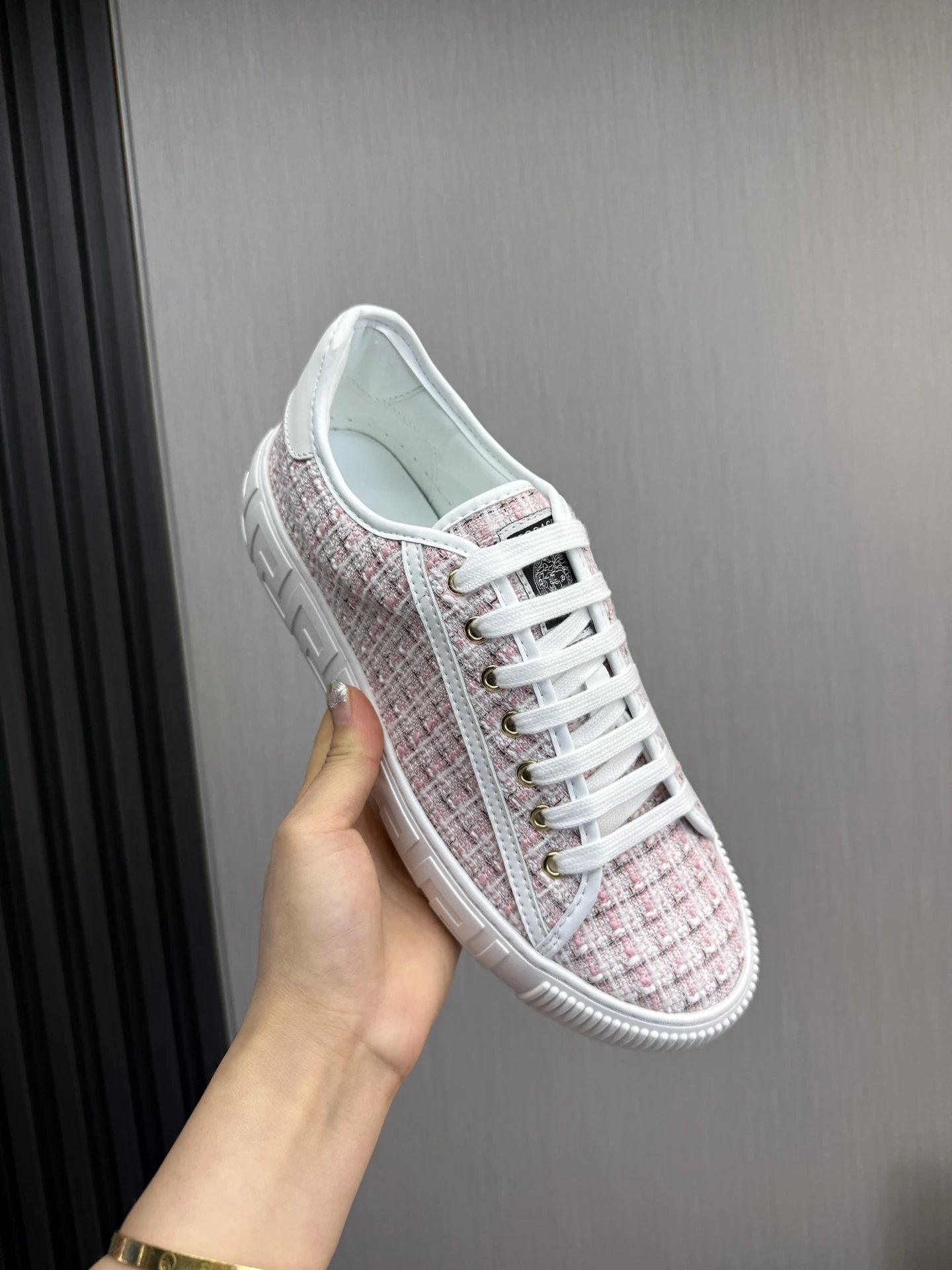 Tweed Leather Low Top Sneakers Blush Pink - Gallery Image 8 - Detailed View