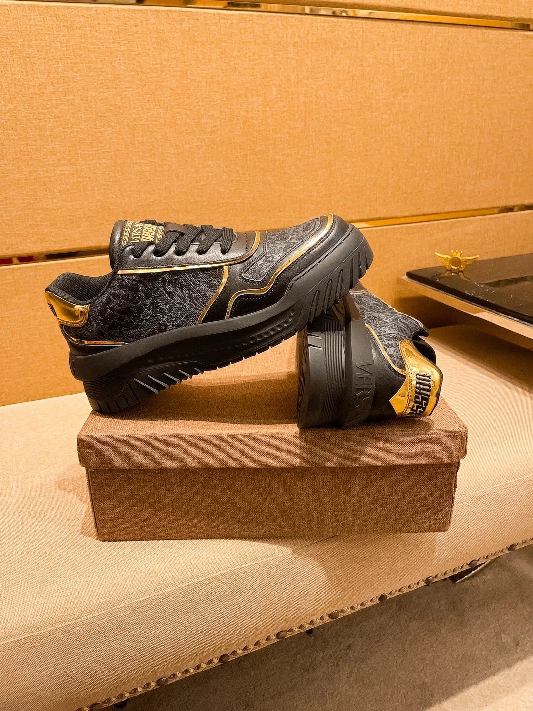 Luxury Leather Sneakers Black Gold - Gallery Image 2 - Detailed View