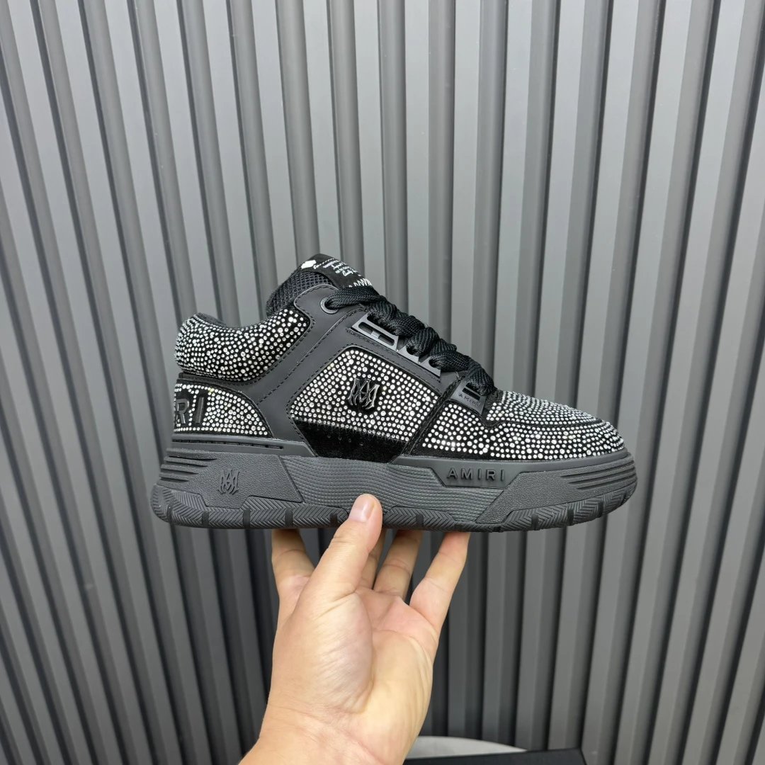 Luxury Low Top Rhinestone Leather Sneakers Charcoal Black - Gallery Image 2 - Detailed View