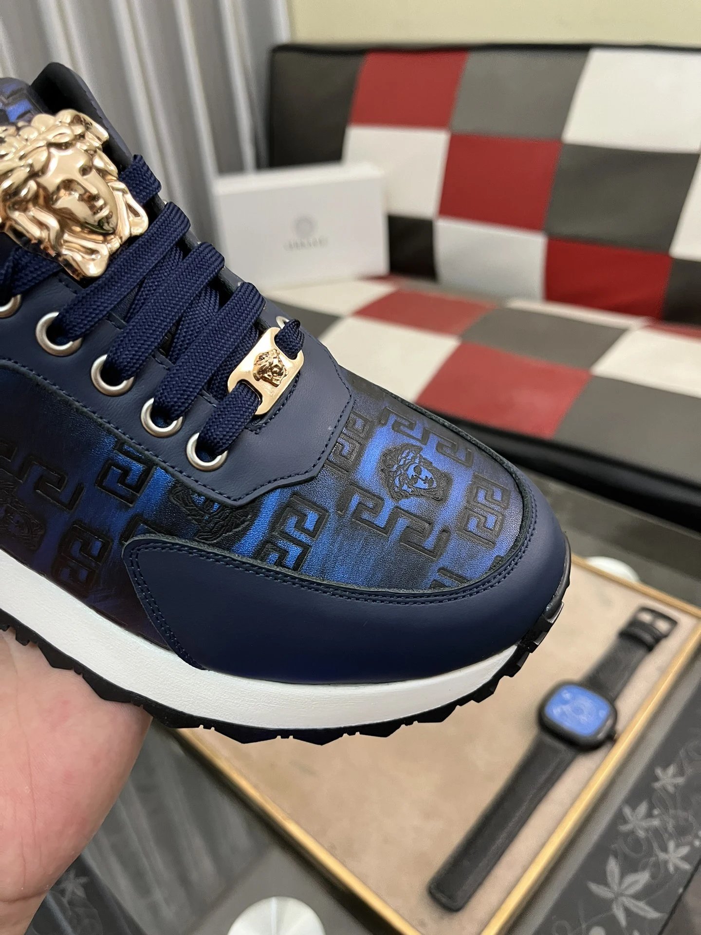 Luxury Leather Sneakers Navy Blue - Gallery Image 6 - Detailed View