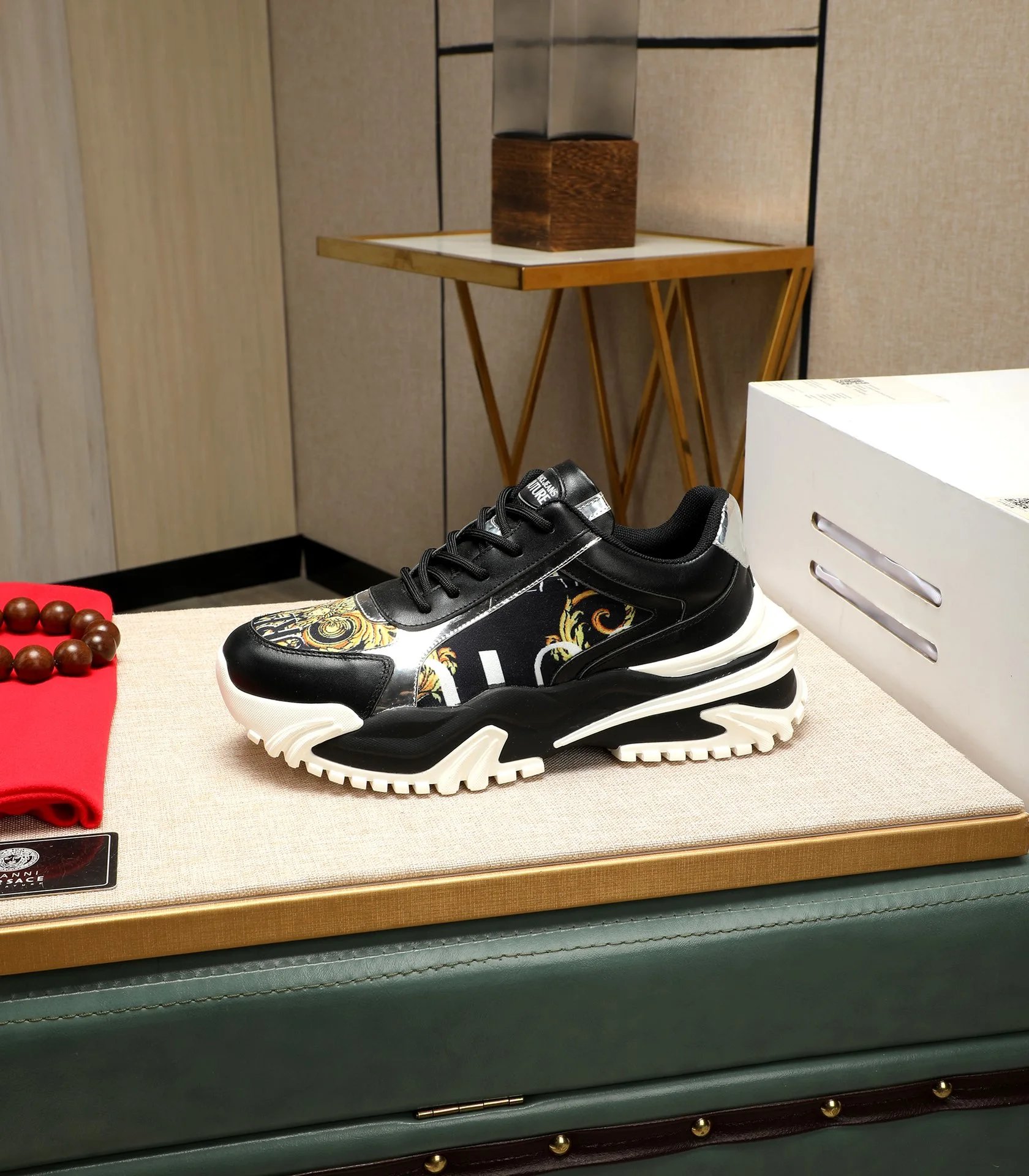 Baroque Calfskin Chunky Sneakers Black Gold - Gallery Image 6 - Detailed View