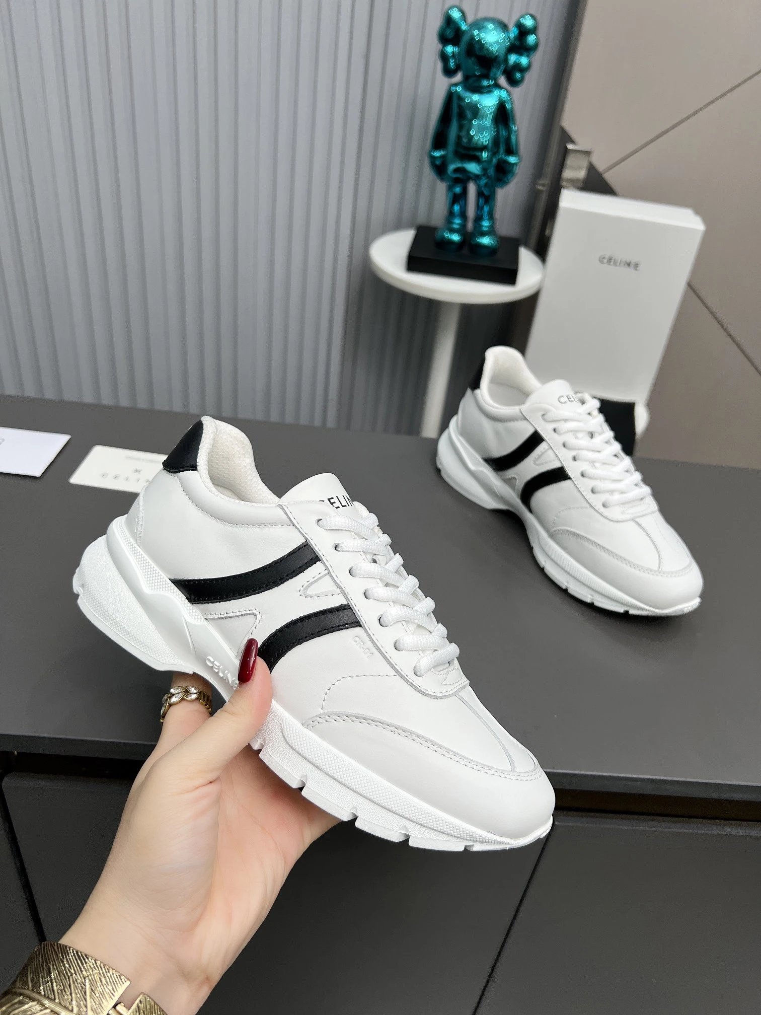 Chunky Dad Sneakers Leather Knit Comfort White Black - Gallery Image 5 - Detailed View