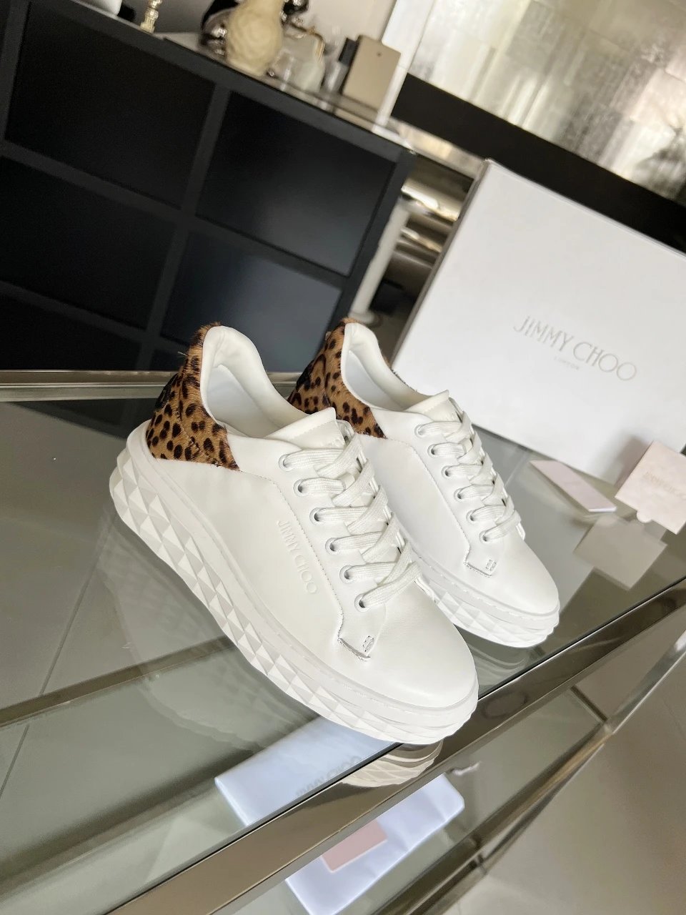 Jimmy Choo Leopard Print Diamond Sneakers - High Quality Product Image - Cnfans