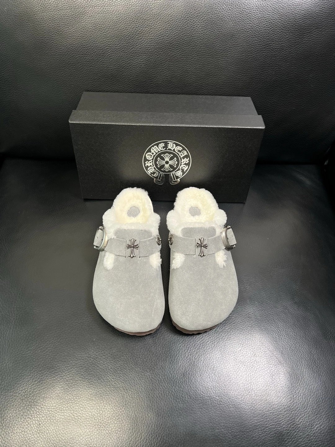 Luxury Shearling Clog in Ash Gray Suede - Gallery Image 3 - Detailed View