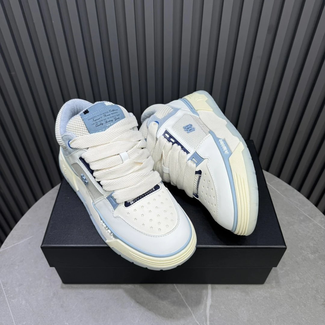 Unisex Low Top Leather Mesh Skate Shoes Ivory Blue - Gallery Image 5 - Detailed View