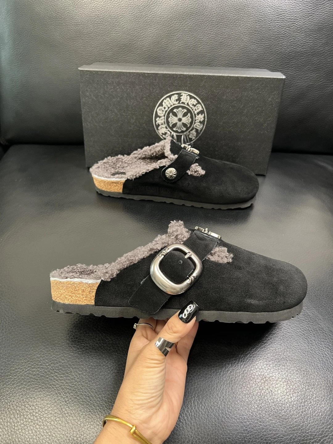 Luxury Suede Shearling Clog Shoes Ebony Black - Gallery Image 4 - Detailed View