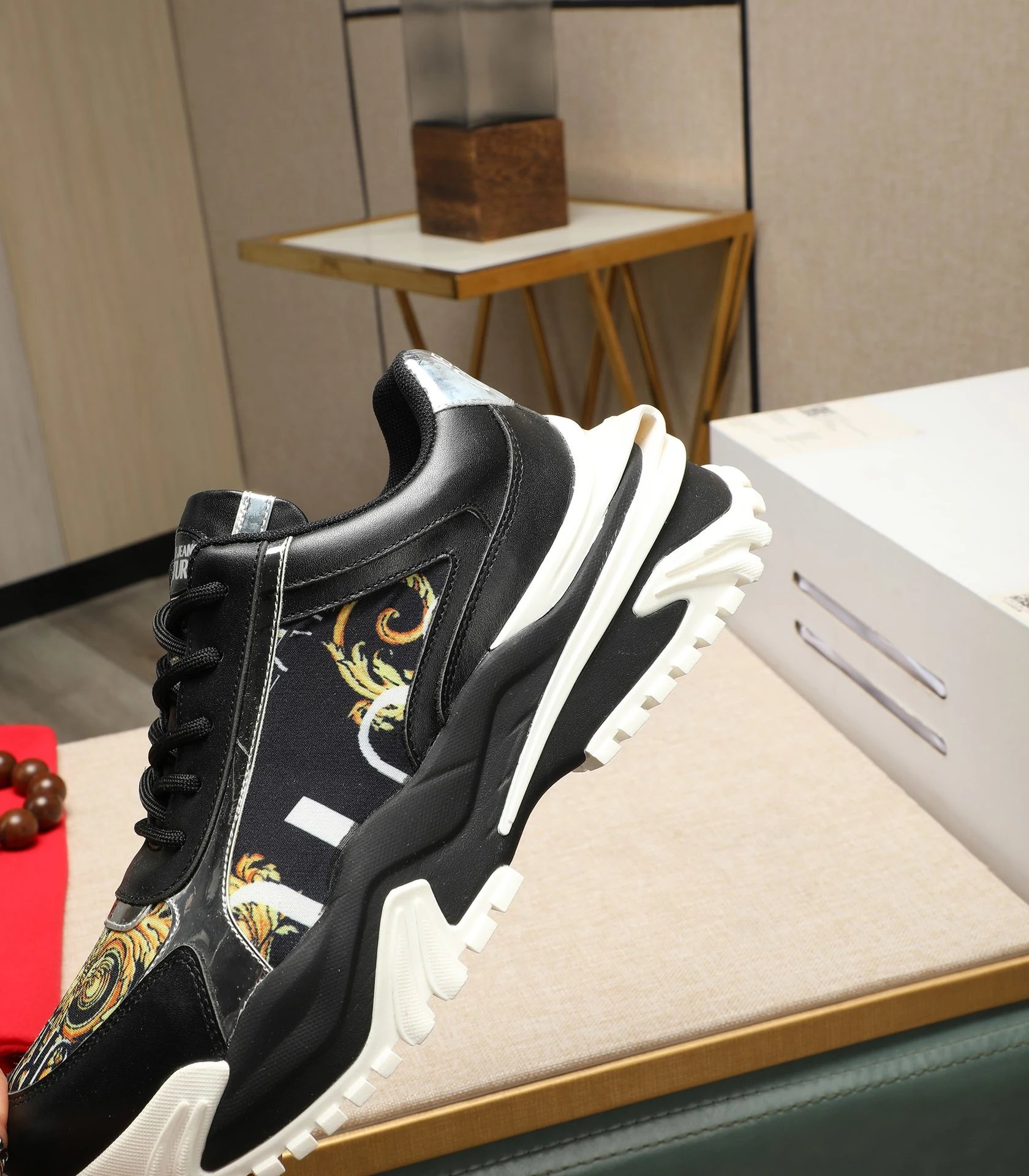 Baroque Calfskin Chunky Sneakers Black Gold - Gallery Image 7 - Detailed View