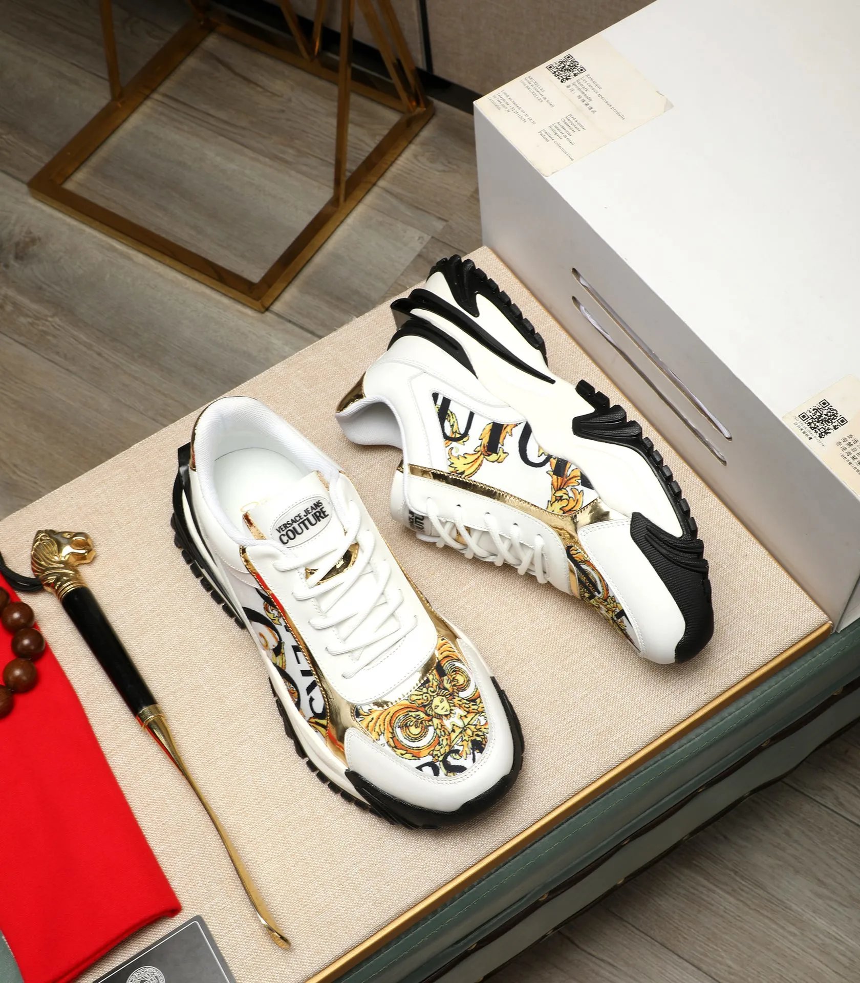 Luxury Baroque Leather Chunky Sneakers White Gold - Gallery Image 4 - Detailed View