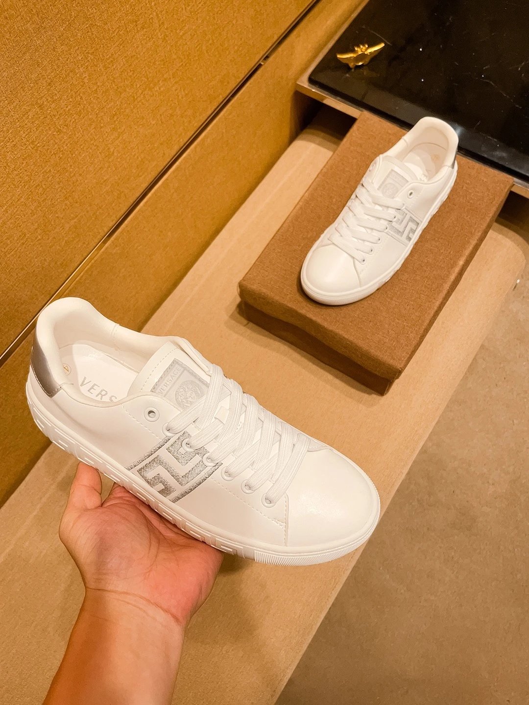 Luxury Leather Sneakers Greek Pattern Snow White - Gallery Image 4 - Detailed View