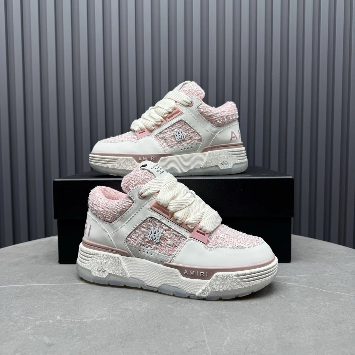 Low Top Tweed Leather Sneakers for Men Women Blush Pink - Gallery Image 7 - Detailed View