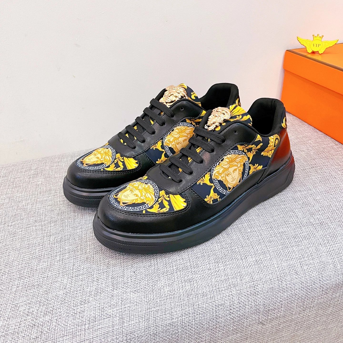 Baroque Leather Sneakers Black Gold with golden Baroque Medusa motifs - Gallery Image 2 - Detailed View