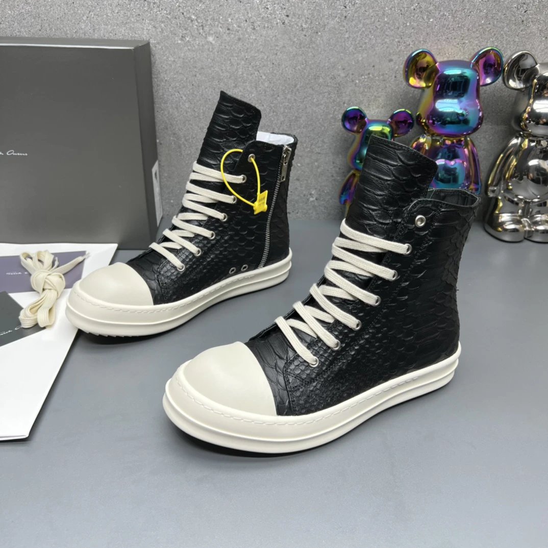 Rick Owens High-Top Embossed Leather Sneakers Black - Gallery Image 2 - Detailed View