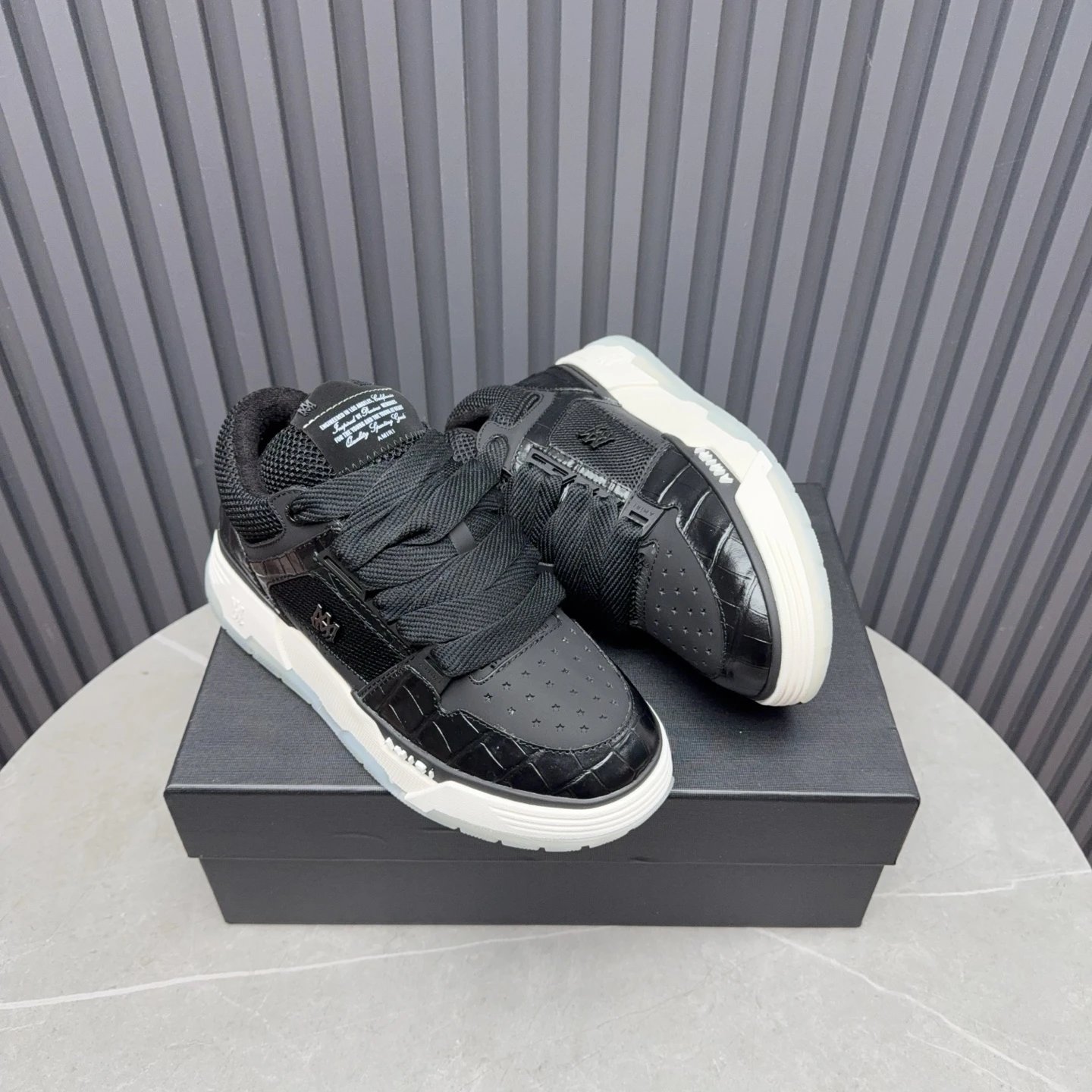 Low Top Leather Mesh Basketball Sneakers Black Ivory - Gallery Image 5 - Detailed View