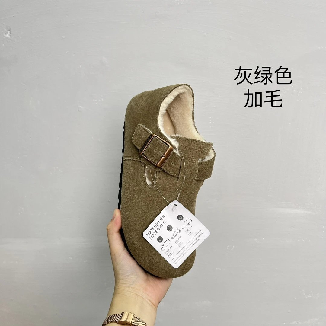 Winter Suede Buckle Shoes Fur Lined Unisex Sage Green - Gallery Image 2 - Detailed View