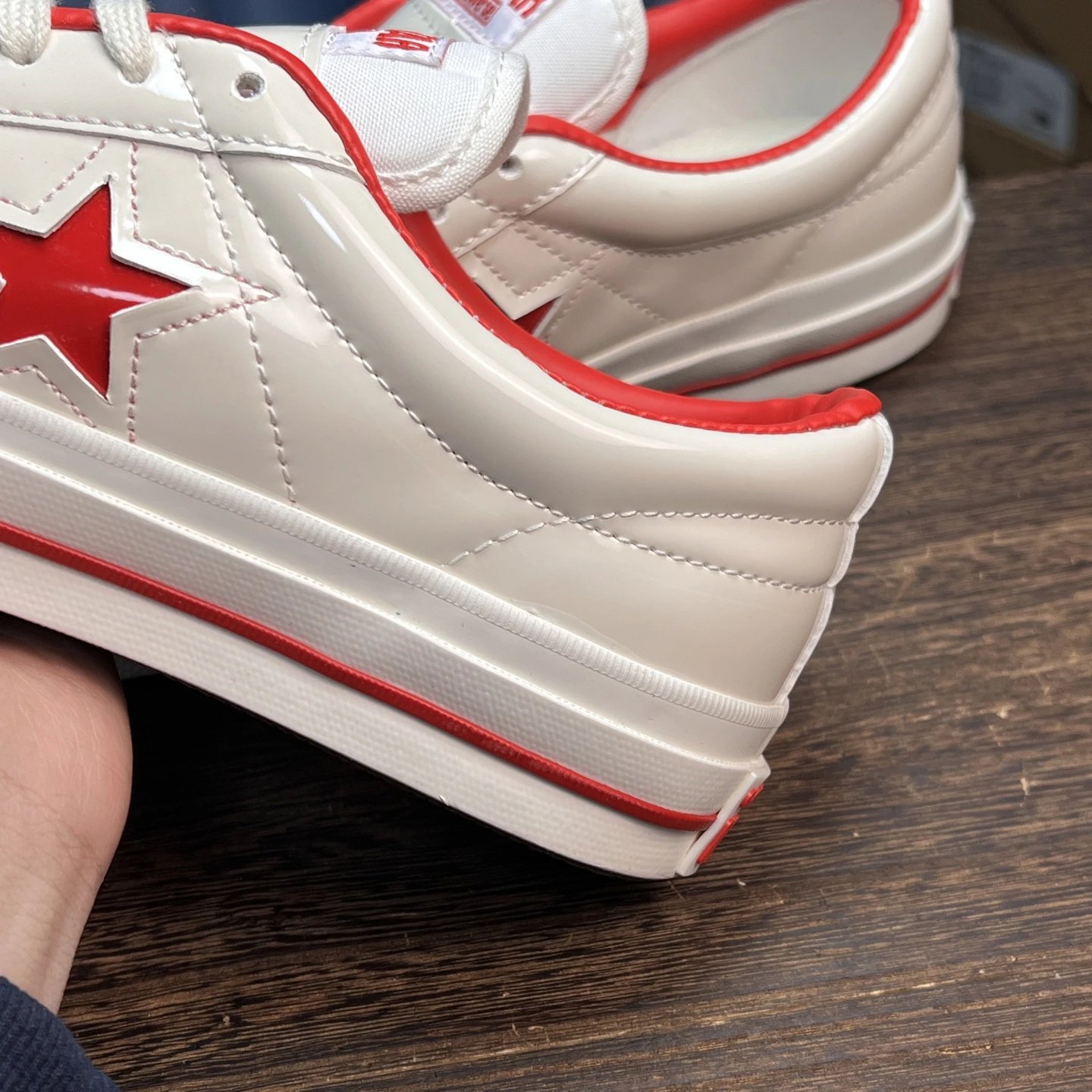One Star Low Gloss Leather Sneakers Ivory Red - Gallery Image 6 - Detailed View