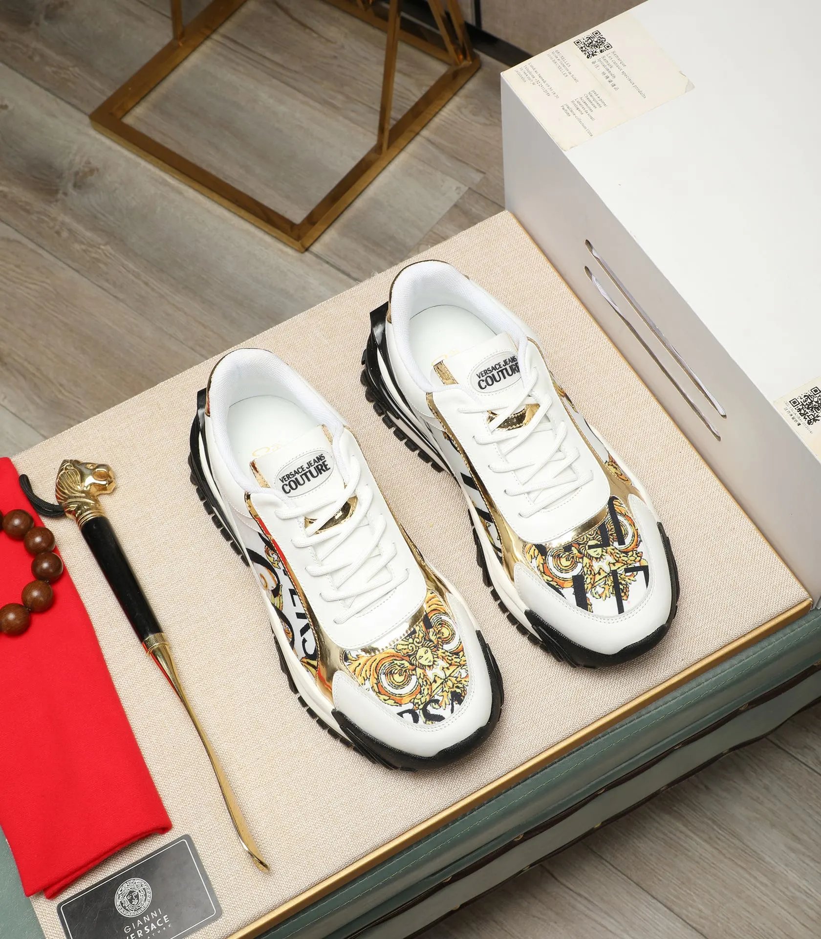 Luxury Baroque Leather Chunky Sneakers White Gold - Gallery Image 3 - Detailed View