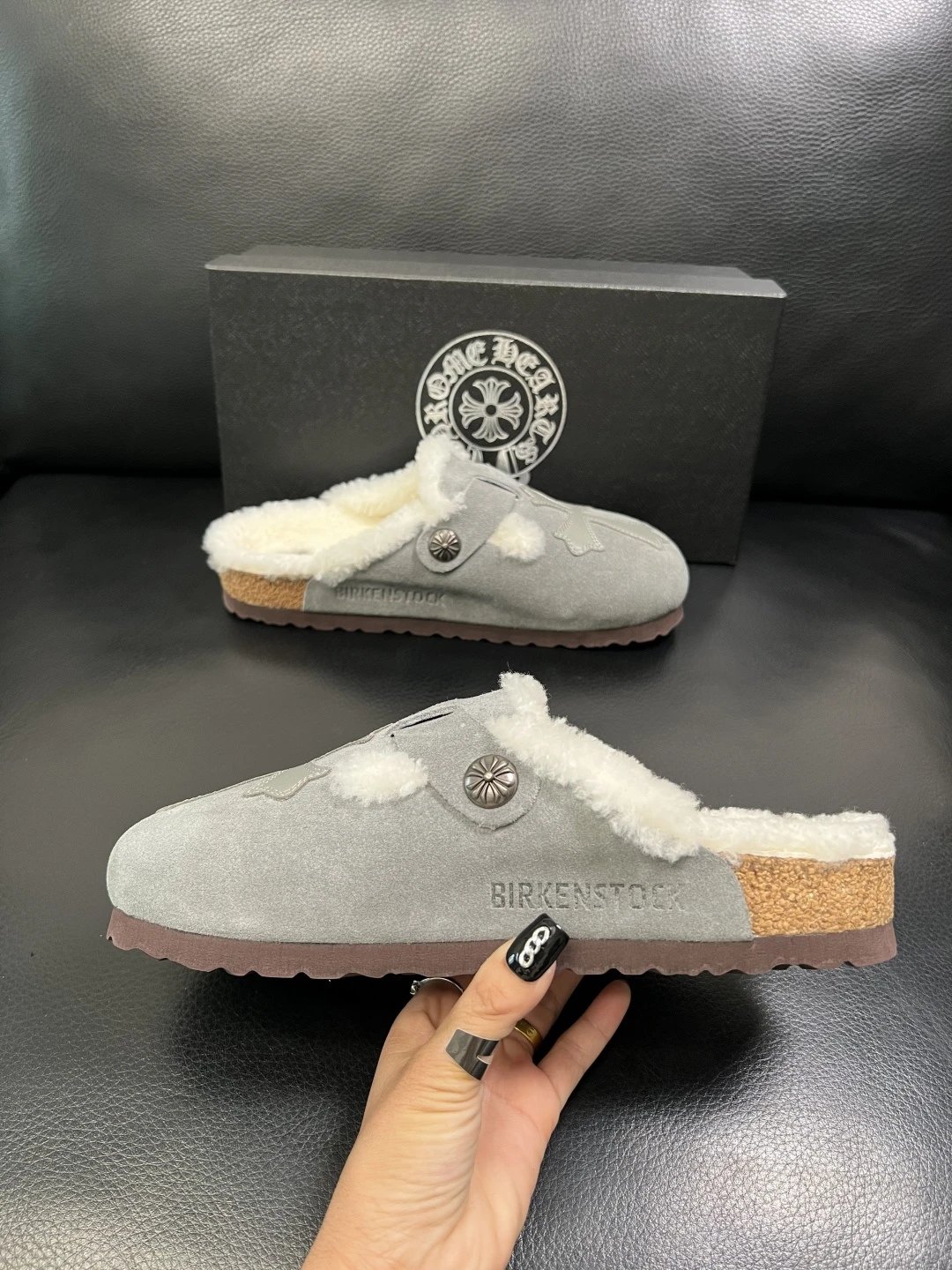 Luxury Shearling Leather Clog in Ash Grey - Gallery Image 5 - Detailed View