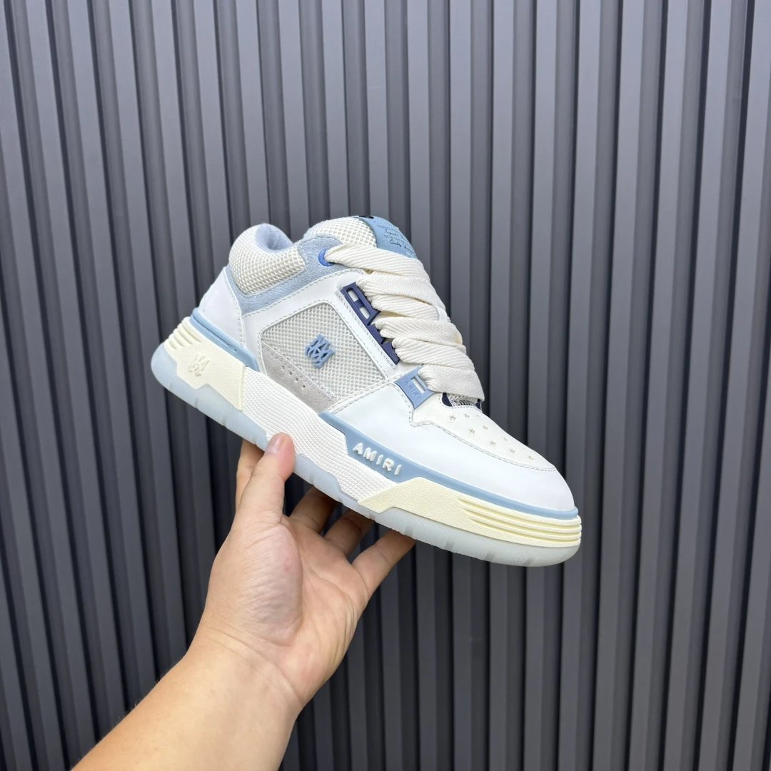 Unisex Low Top Leather Mesh Skate Shoes Ivory Blue - Gallery Image 3 - Detailed View