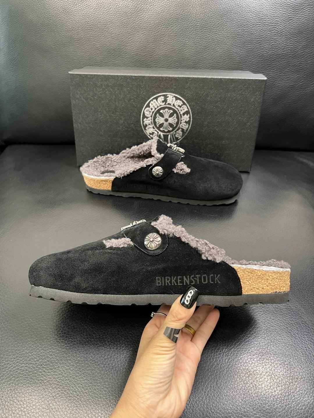 Luxury Suede Shearling Clog Shoes Ebony Black - Gallery Image 5 - Detailed View