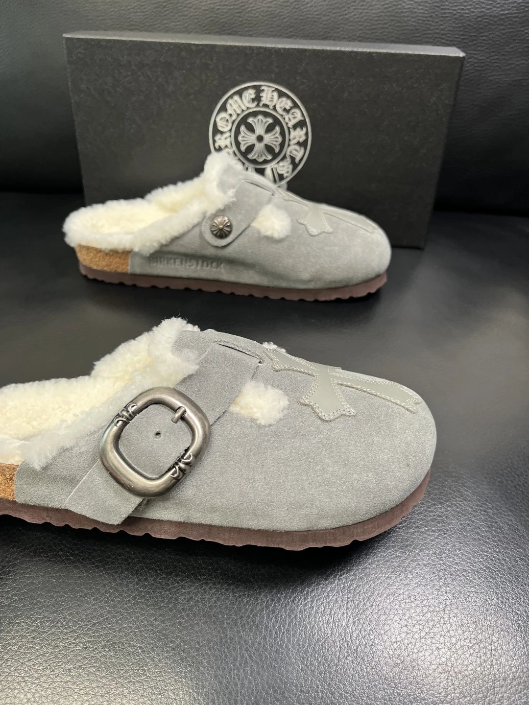 Luxury Shearling Leather Clog in Ash Grey - Gallery Image 6 - Detailed View