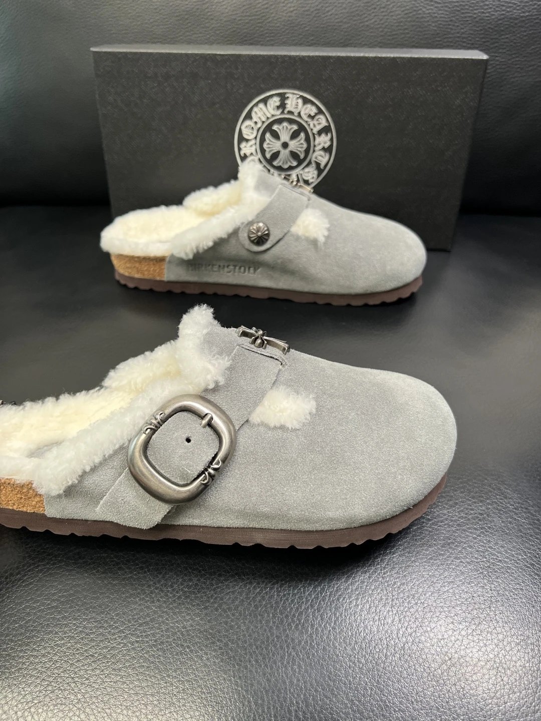 Luxury Shearling Clog in Ash Gray Suede - Gallery Image 6 - Detailed View