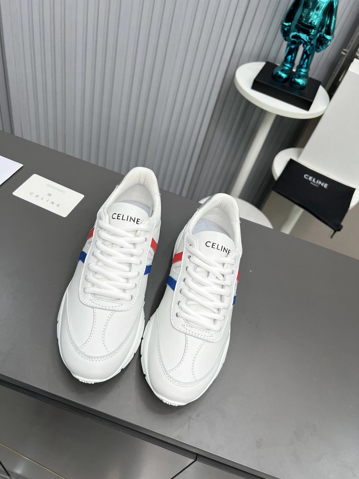 Retro Chunky Dad Sneakers Leather Unisex Scarlet Blue - Gallery Image 2 - Detailed View