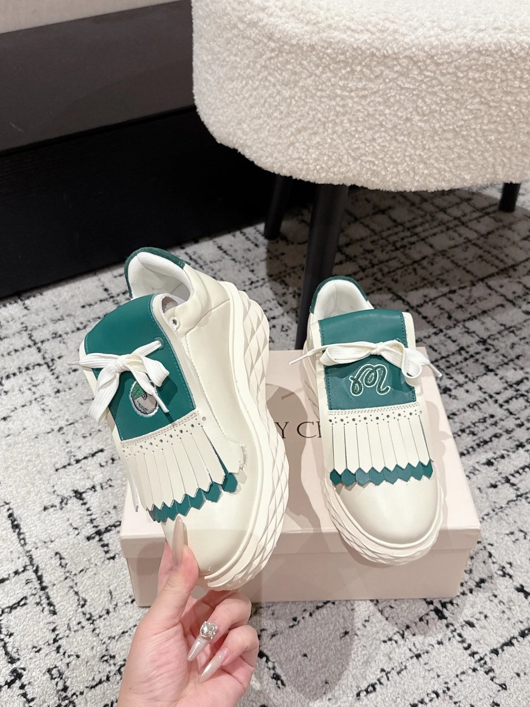 Jimmy Choo x Malbon Golf Diamond Sneakers White Green - Gallery Image 4 - Detailed View