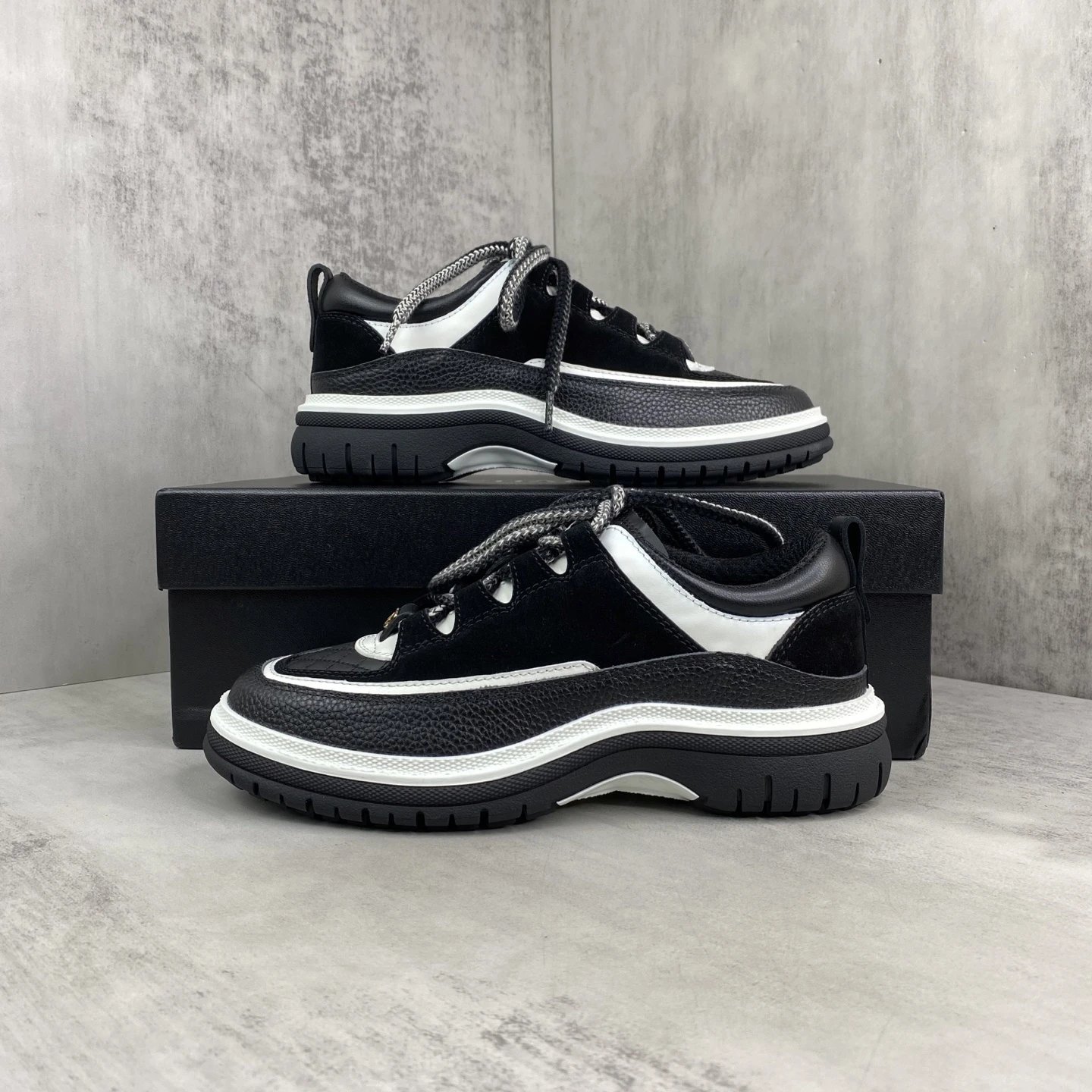 Luxury Leather Platform Sneakers Panda Black Ivory - Gallery Image 9 - Detailed View