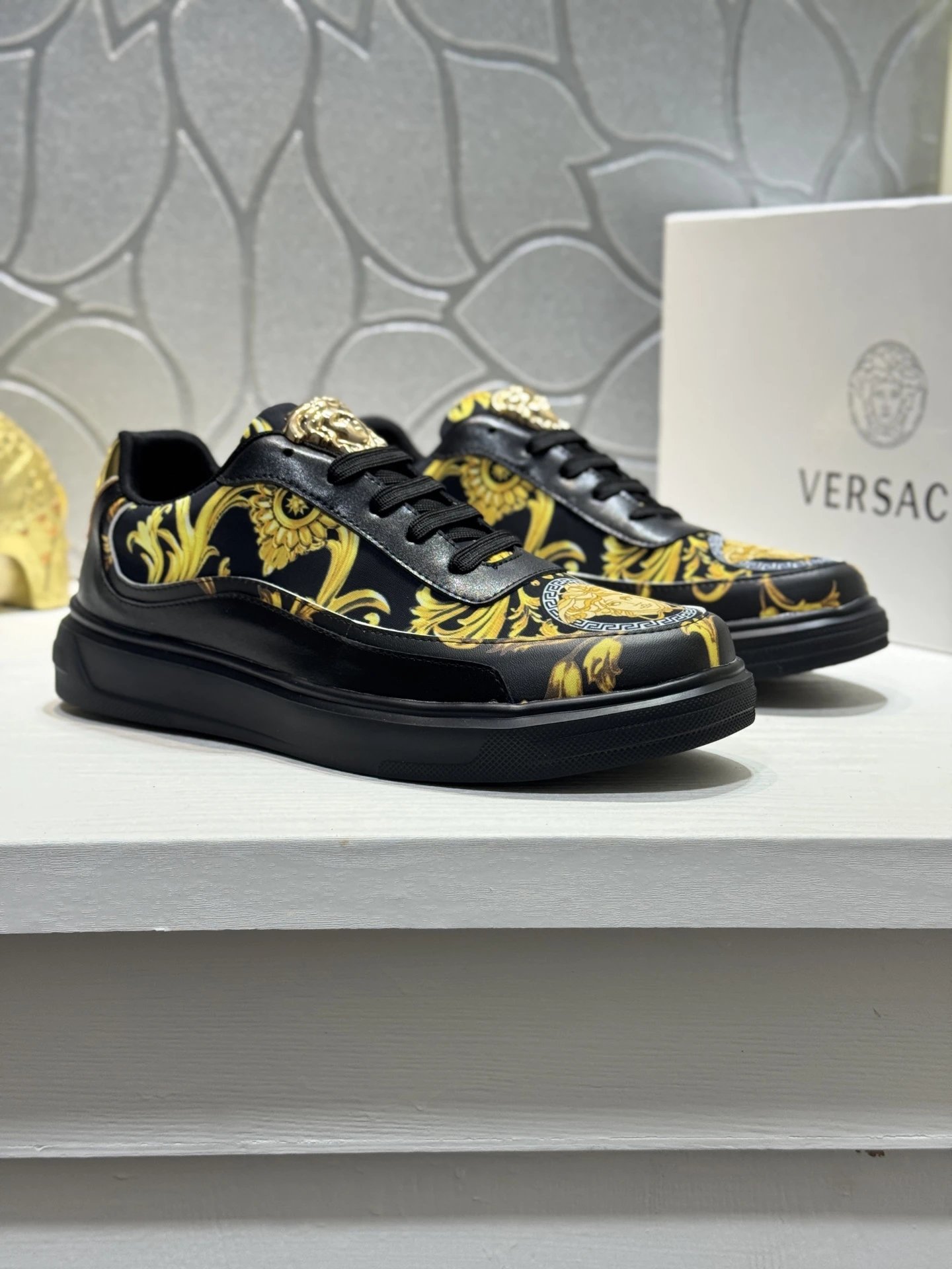 Baroque Leather Sneakers Casual Low Top Black Gold - Gallery Image 1 - Detailed View