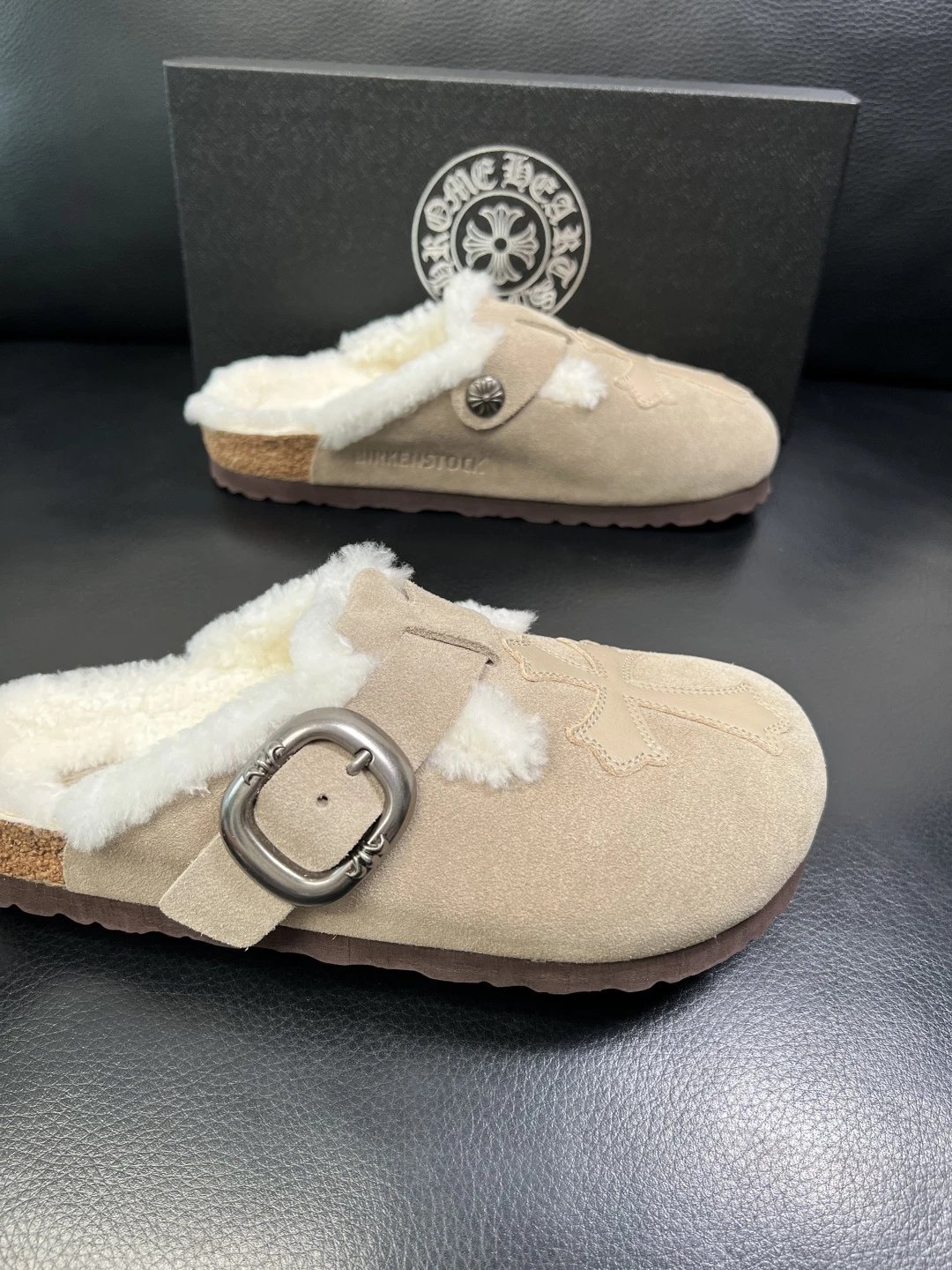 Suede Shearling Buckle Mules Beige - Gallery Image 6 - Detailed View