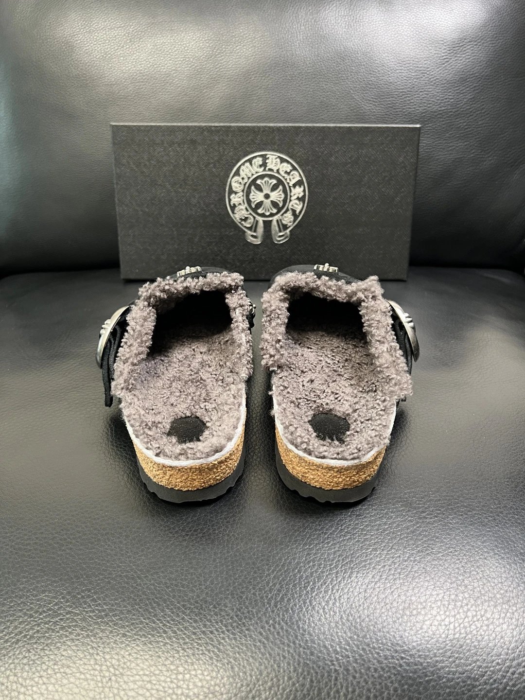 Luxury Suede Shearling Clog Shoes Ebony Black - Gallery Image 8 - Detailed View