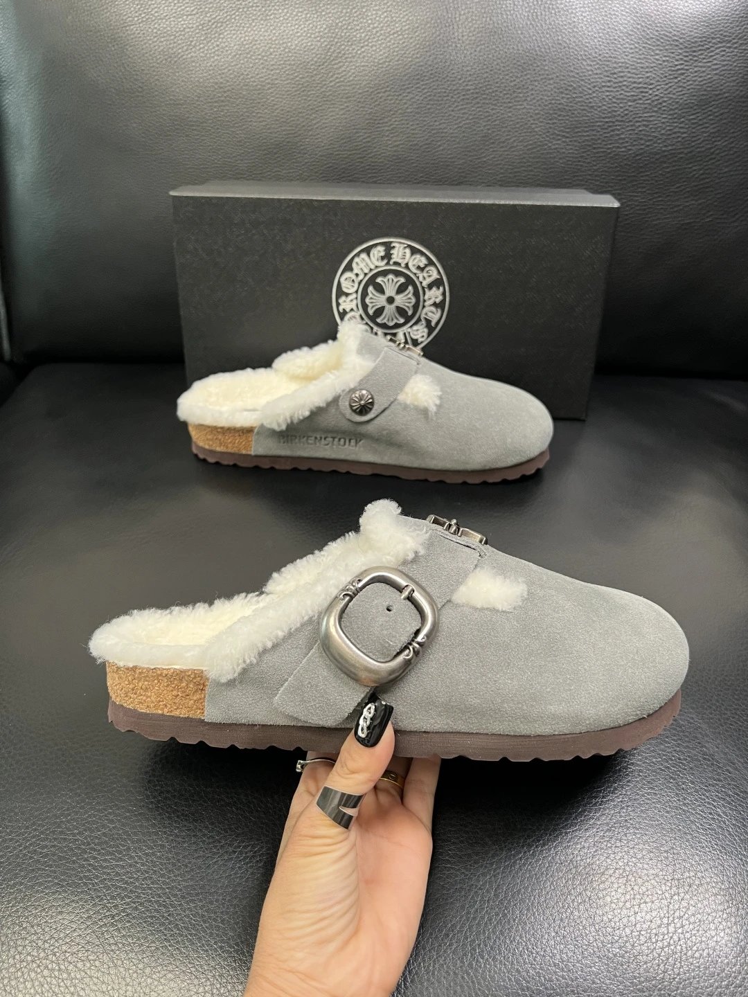 Luxury Shearling Clog in Ash Gray Suede - Gallery Image 4 - Detailed View