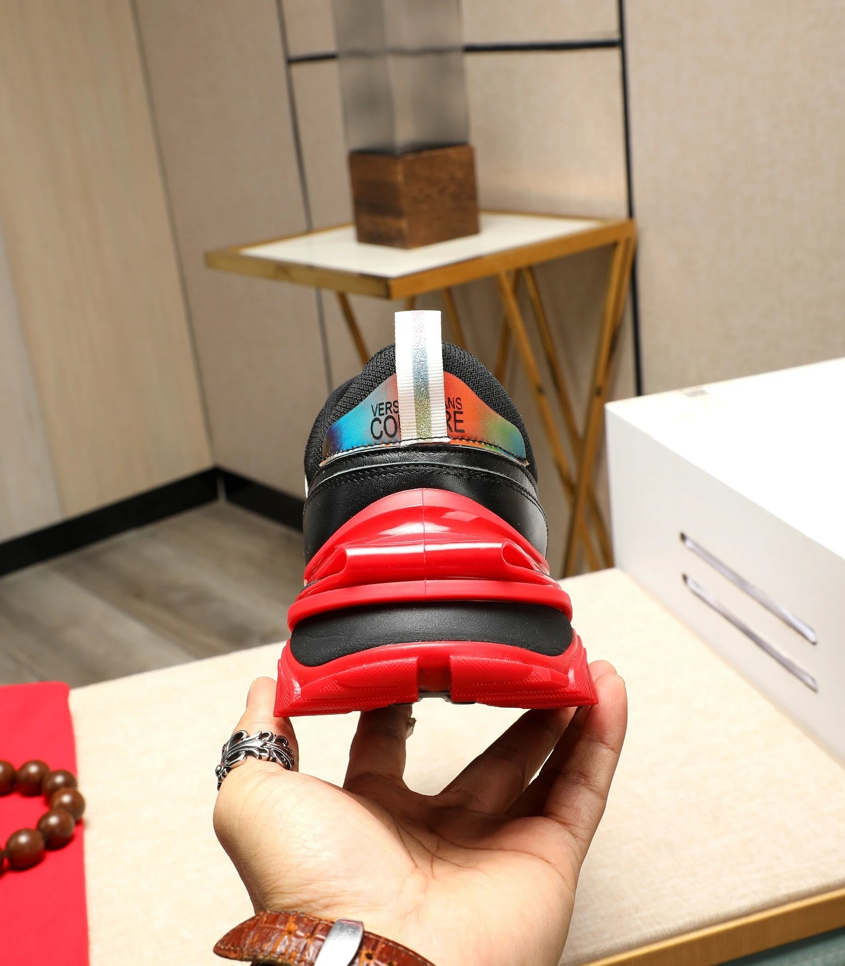 Chunky Calfskin Mesh Sneakers Crimson Black - Gallery Image 9 - Detailed View