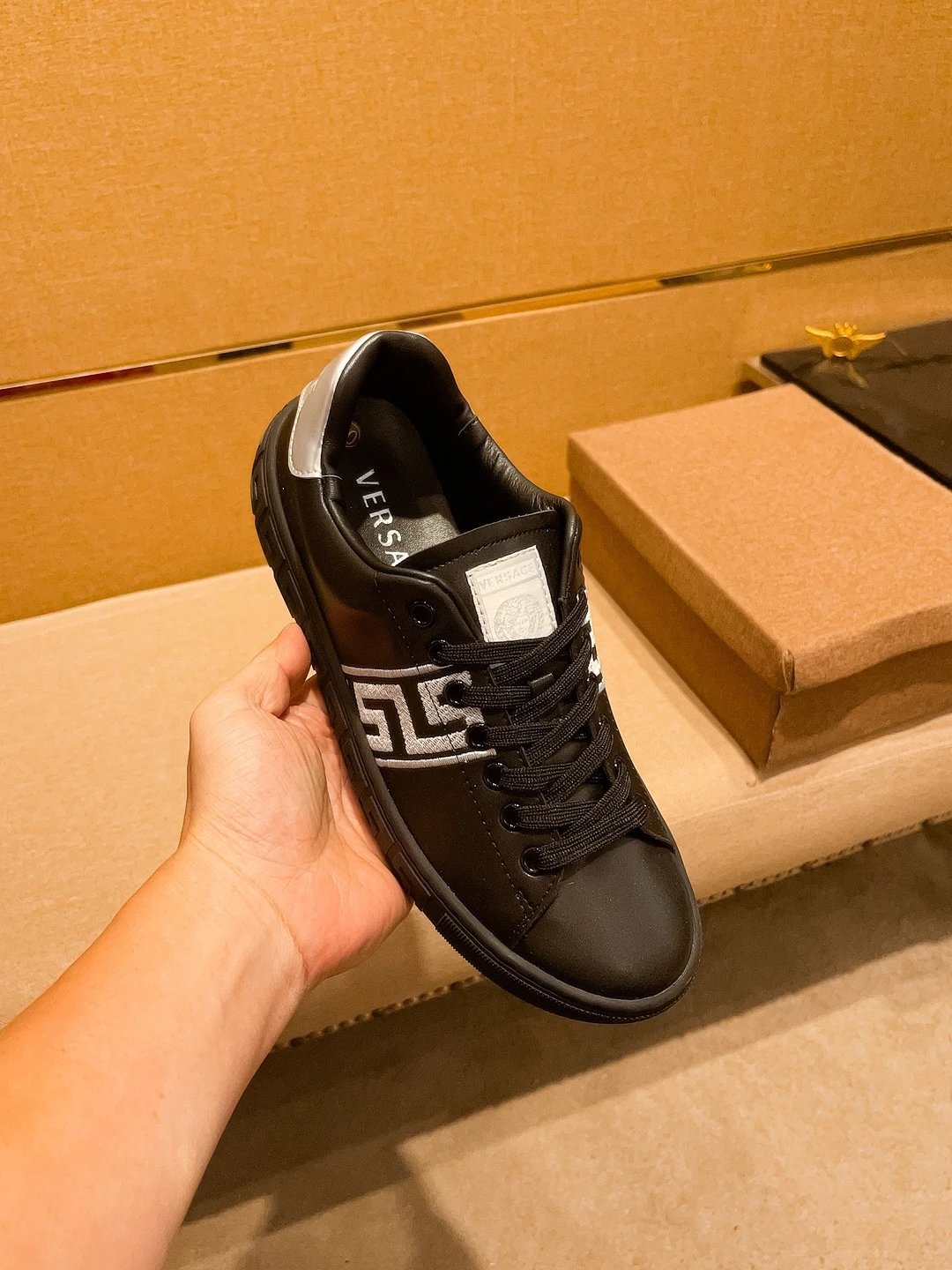 Luxury Leather Sneakers Greek Key Black Silver - Gallery Image 7 - Detailed View