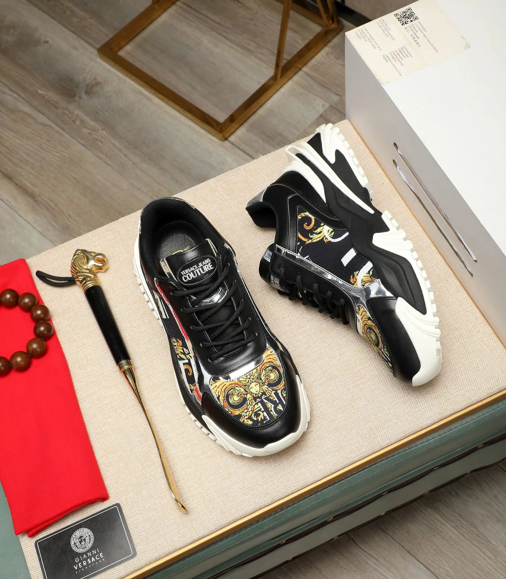 Baroque Calfskin Chunky Sneakers Black Gold - Gallery Image 4 - Detailed View